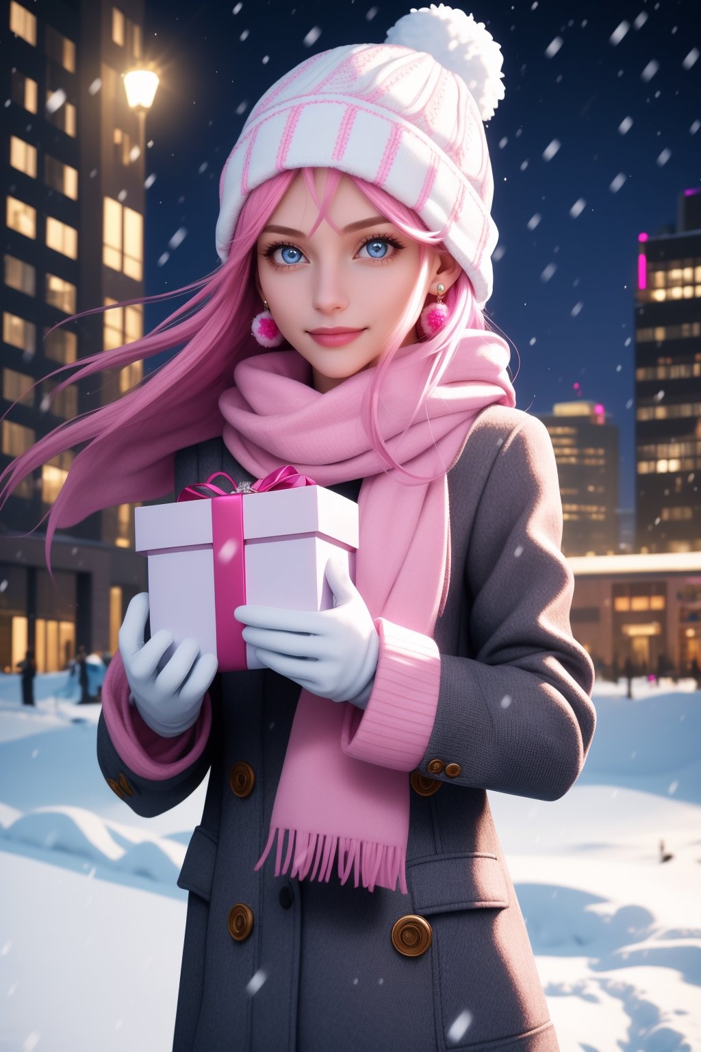 1girl, solo, long hair, breasts, looking at viewer, smile, blue eyes, gloves, hat, holding, jewelry, closed mouth, standing, pink hair, cowboy shot, earrings, outdoors, white gloves, scarf, sweater, lips, coat, night, white headwear, building, box, pom pom \(clothes\), snow, gift, snowing, city, realistic, beanie, gift box, winter clothes, holding gift, winter, pink scarf, incoming gift