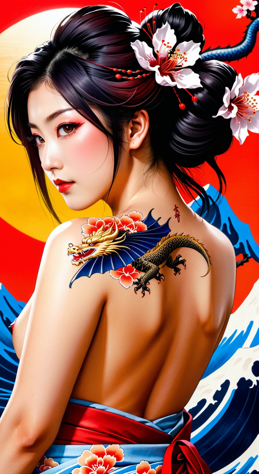 Super detailed masterpiece 8k, girl, (beautiful face)++ A girl shows off her entire back with superb Japanese ukiyo-e tattoosYakuza style dragon Mount Fuji that fill the entire back. , the sakura geisha kamikaze red sun wave is simply a piece of art. Pin close up on her back contrasting with the beautiful lines of the girl in the background of a simple Japanese style