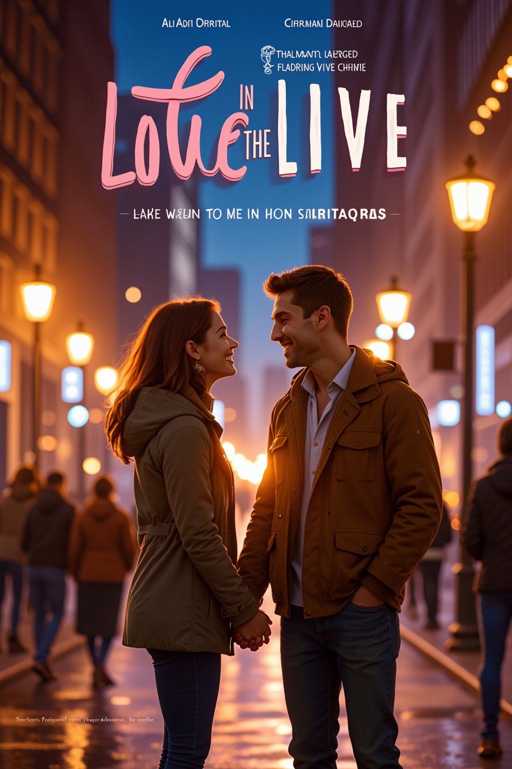 Generate a movie poster for a romantic comedy titled 'Love in the City.' The poster should show a couple in their late 20s, standing on a bustling city street at night. They are laughing and holding hands, with the city skyline illuminated behind them. The tagline reads, 'Sometimes, All It Takes Is a Little Magic.' Use warm, inviting colors like soft pinks and golds