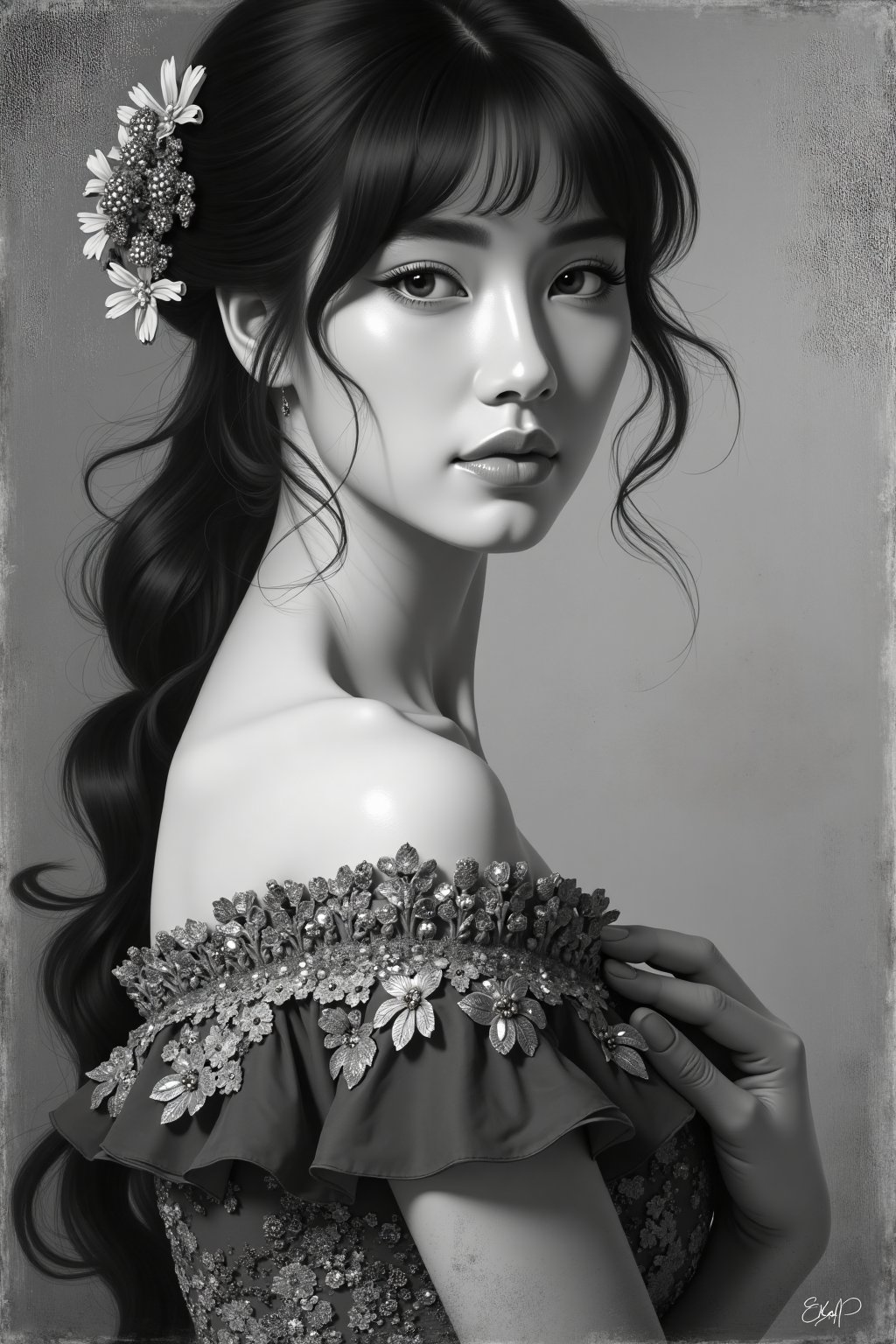 (masterpiece),  painting , black & white, best quality,good anatomy, (1 girl), beautiful, Pierre-Auguste Renoir ~ Paul Peel ~ John Singer Sargent ~ Alexandre-Jacques Chantron ~ John William Godward ~ John William Waterhouse ~ Han-Wu Shen ~ Ishitaka Amano ~ Chakrapan Posayakrit ~ Kim Jung Gi ~ Kei Mieno ~ Ikushima Hiroshi ~ WLOP ~ William-Adolphe Bouguereau ~ Alphonse Mucha ~Luis Royo ~ Jock Sturges photography ~ Range Murata ~ beautiful woman, Ancient Thailand