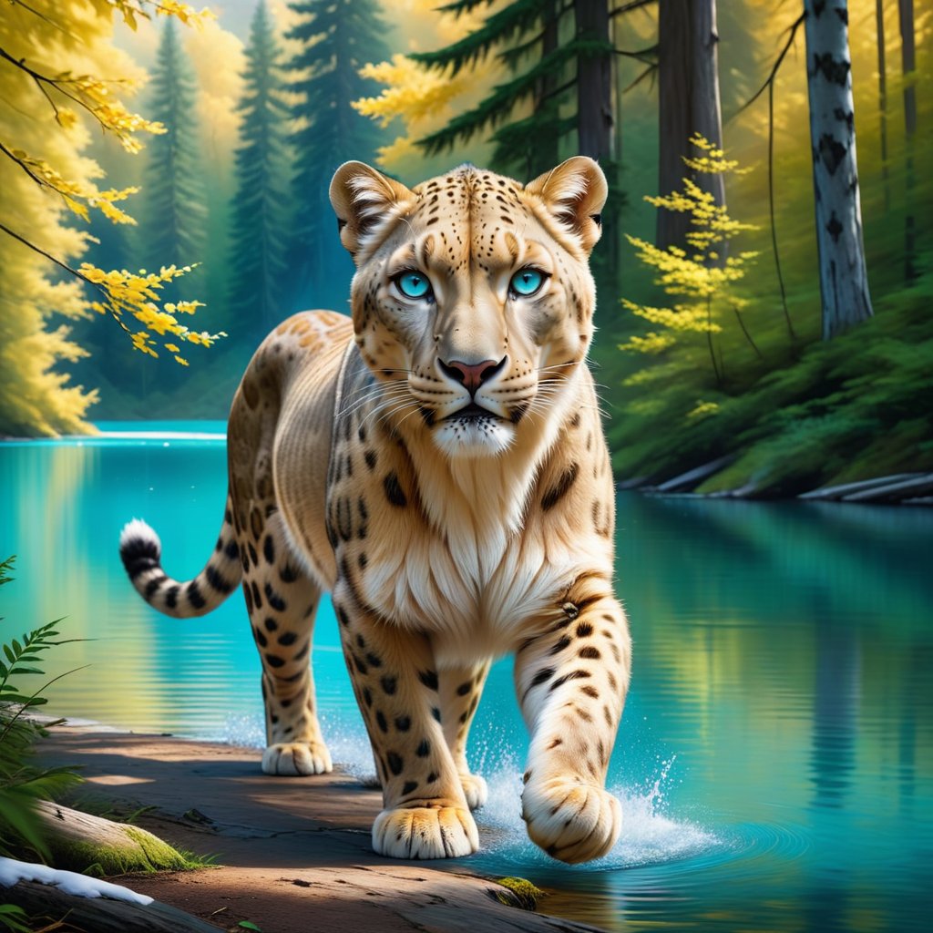 Majestic lioness, snow leopard with piercing blue eyes, strolling in unison by a tranquil turquoise lake, dense woods on the horizon, natural light bathing the scene, digital painting, ultra realistic, dramatic lighting, golden ratio.