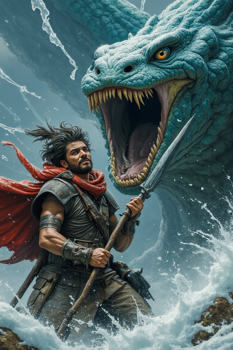 A gritty close-up of a battle-scene. A sea serpent is attacking a tired, worn warrior, face etched with desperation, as he defiantly lifts his spear to defend himself. The icy tendrils lick the edges of the frame, accentuating the soldier's unyielding resolve to persevere amidst the chaos, reminiscent of Frank Frazetta's finest work