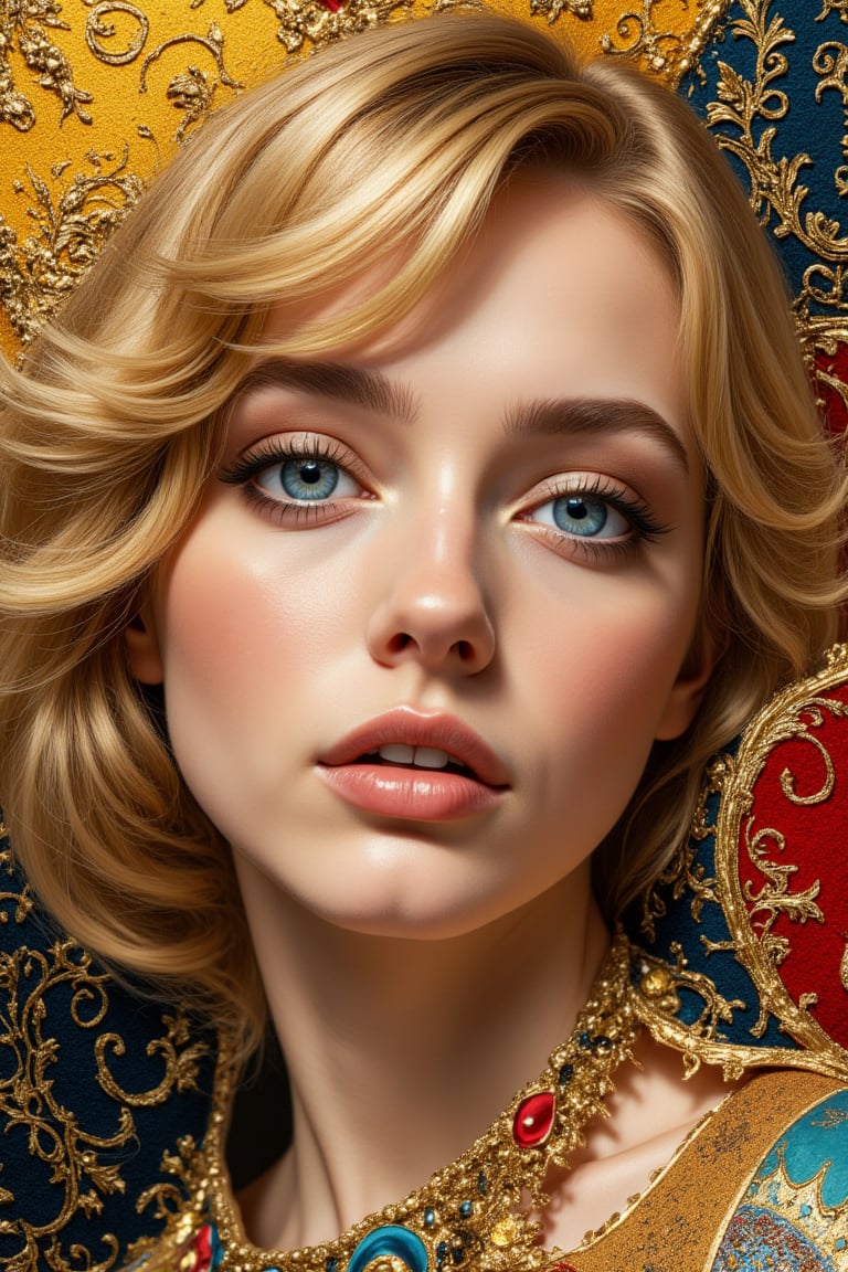 A beautiful girl, blonde hair, dynamic character, detailed exquisite face, bold high quality, high contrast, patchwork, vibrant colors, looking at viewer, intricate gold patterns, swirling motifs, (Gustav Klimt and Mucha and Caravaggio style artwork),art_booster, 