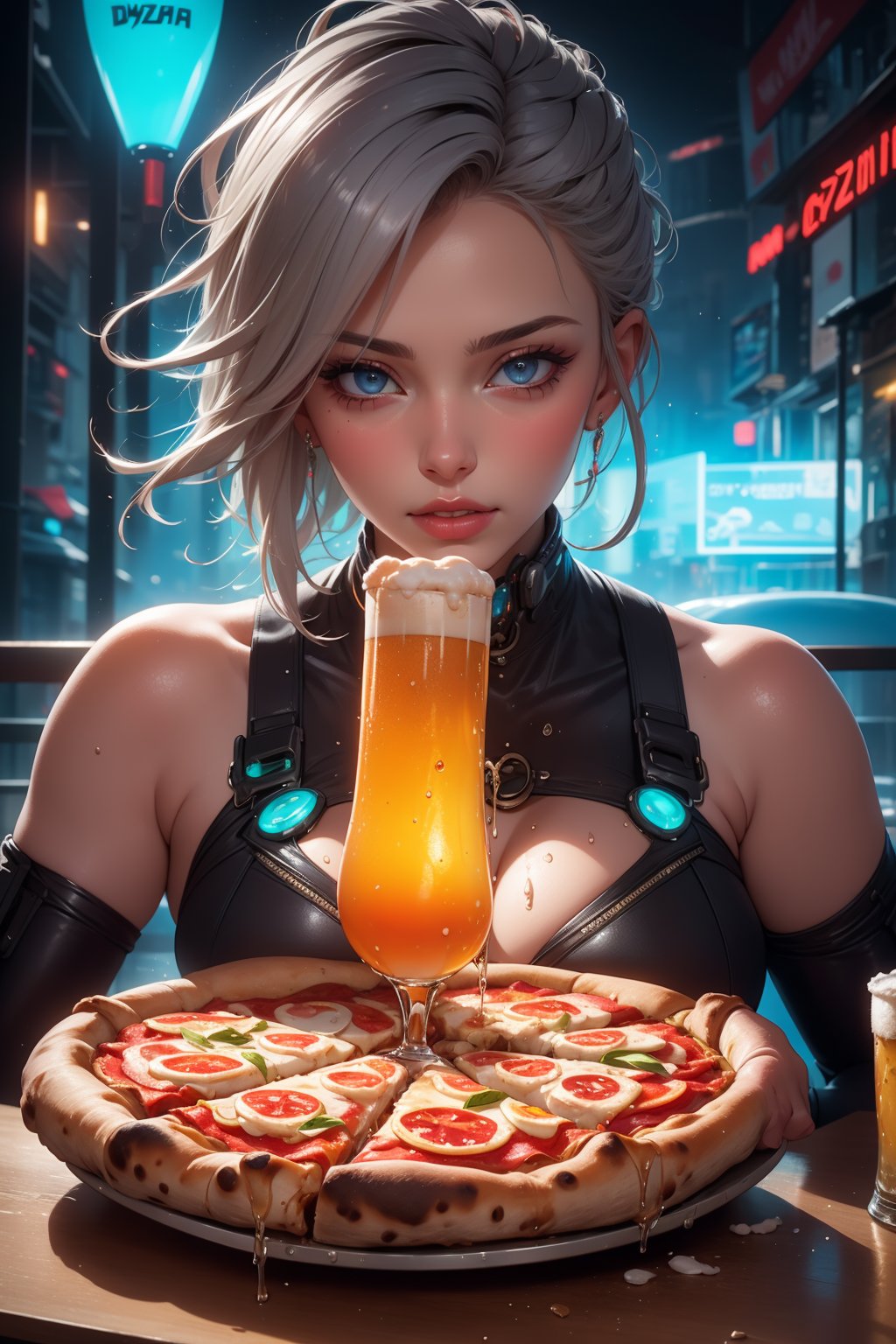 Hyperrealistic, close-up portrait of a radiant gray-haired cyberpunk girl, clad in futuristic attire and emblazoned with neon accents, holding a beaded iced glass of beer that drips onto a sizzling summer asscrain, surrounded by a whirlwind of detailed, suspended pizza slices, creating a dynamic and complex visual narrative.