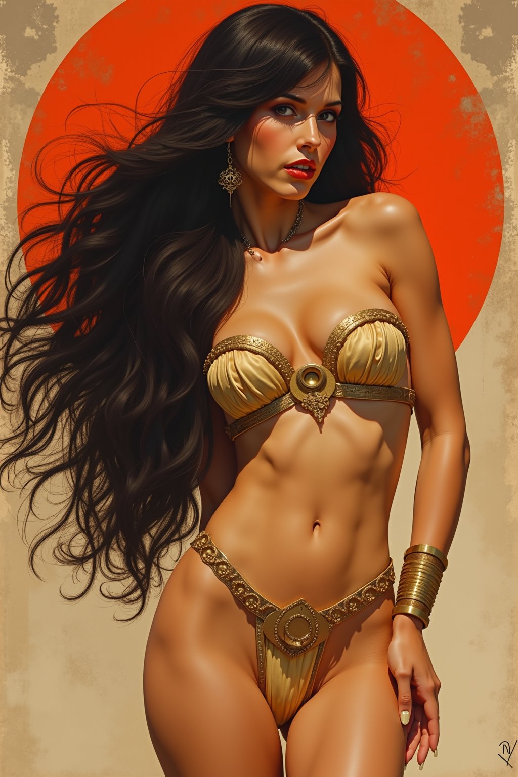 (by Loish, Leyendecker, james gilleard), perfect anatomy, 1920s sexy pinup of Deja Thoris from John Carter of Mars, long dark hair, more detail XL