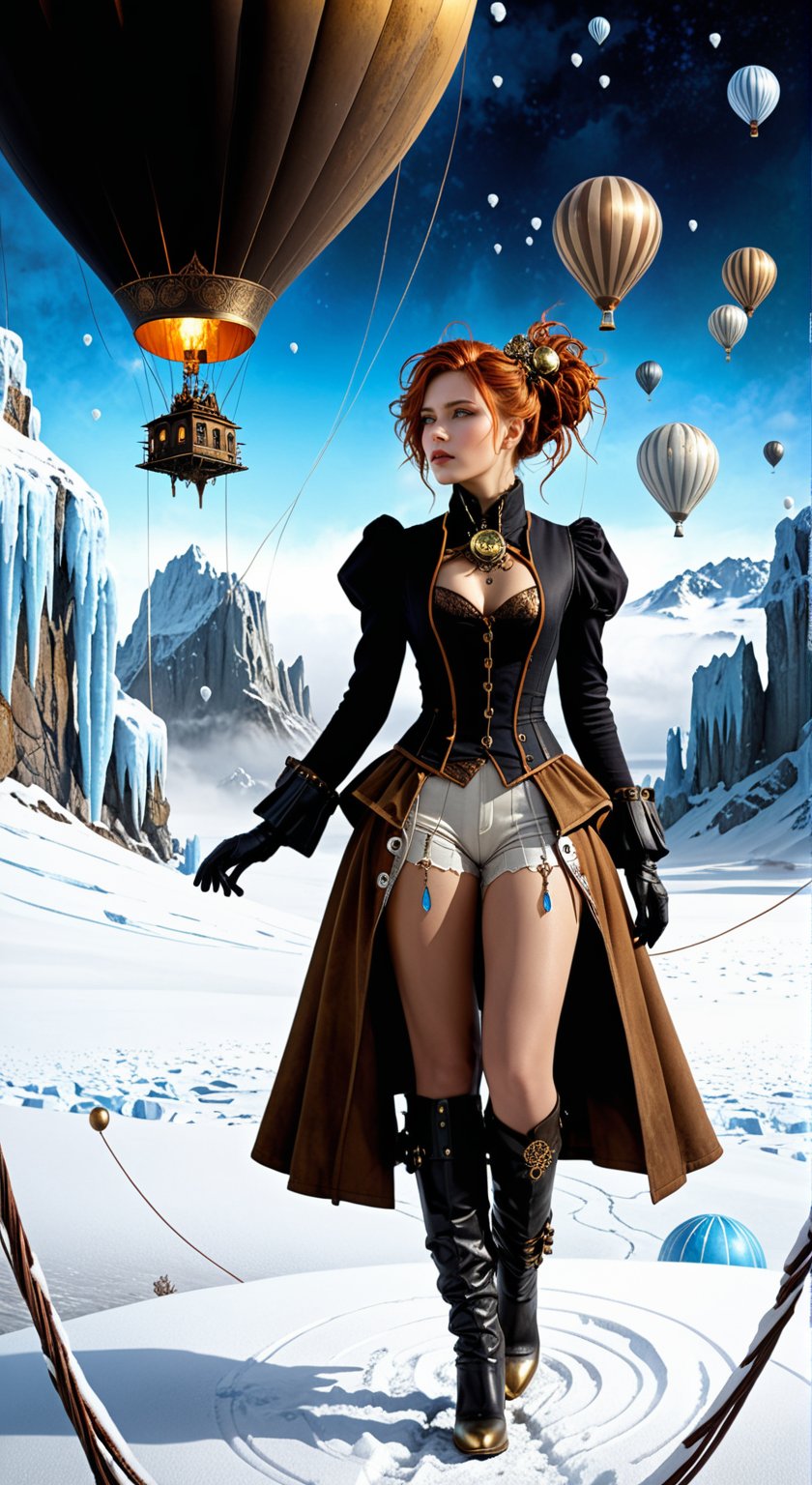 A whimsically crafted futuristic full body steampunk girl with rust hair, looks at shining baloon with earth inside,  porcelain skin, vintage 1920s charm, clothes in ultra-detailed moldy ochre and brown with golden highlights, brass and leather accents, merging frozen landscape with whimsy and winter, snowflakes falling from the sky in stunning detail and vibrant colors, set against the background of a dark blue icicles vortex, with sepia tones., sf, intricate artwork masterpiece, ominous, matte painting movie poster, golden ratio, trending on cgsociety, intricate, epic, trending on artstation, by artgerm, h. r. giger and beksinski, highly detailed, vibrant, production cinematic character render, ultra high quality model