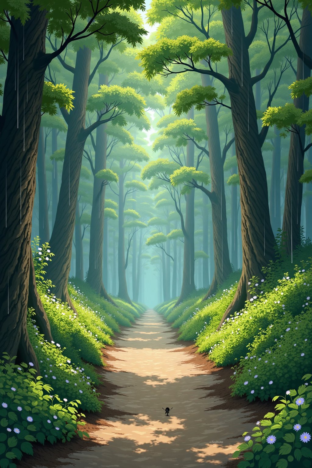 //quality, (masterpiece:1.4), (detailed), ((,best quality,)),//Anime style illustration of a muddy path  through a sequia forest, leaves, flowers, raining hard, studio ghibli style, intricately detailed, best quality, sunshine 