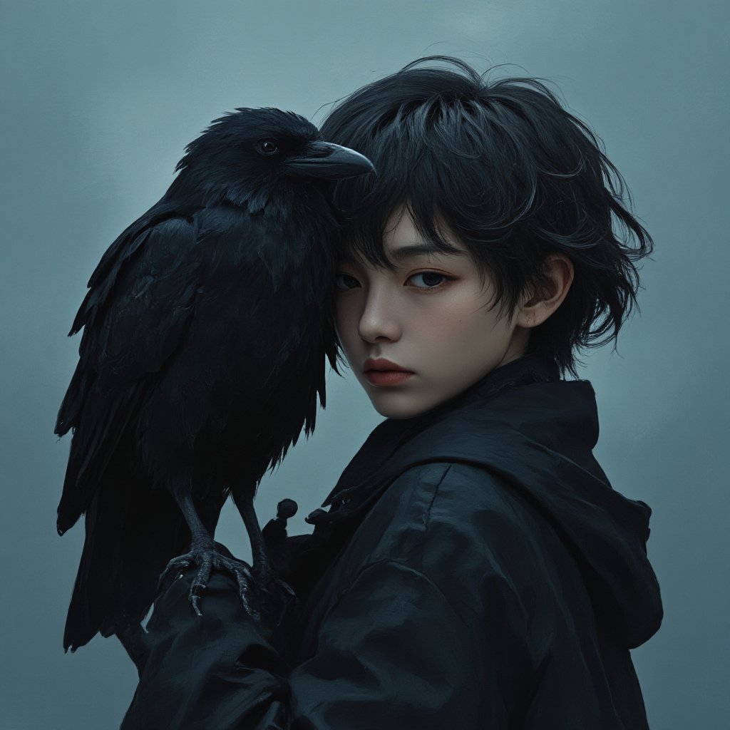 a girl holding a large black raven close to her face, eerie and mysterious, in the style of BSstyle004