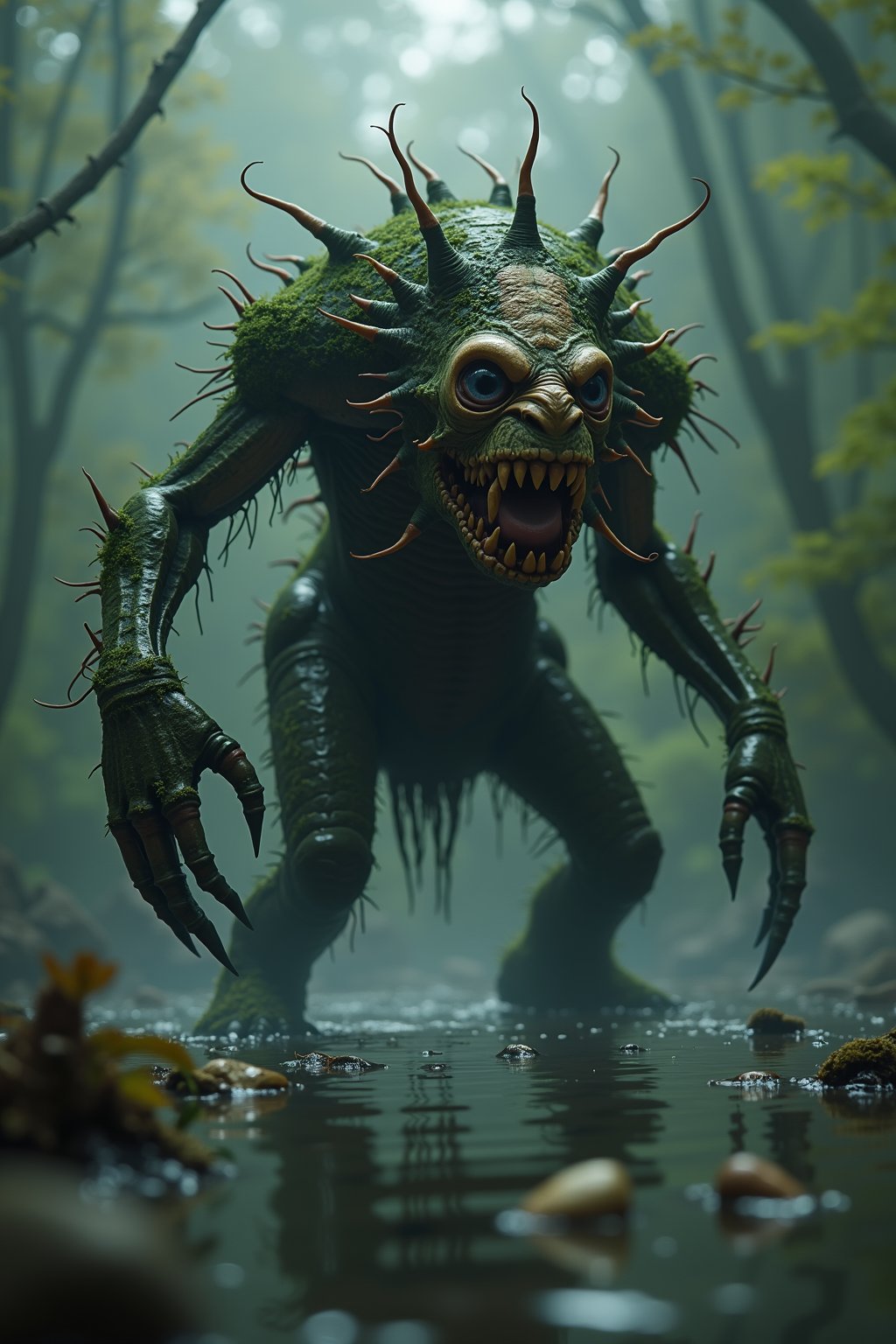 A monstrous creature that lurks in the depths of a dark, stagnant swamp. Its body is a grotesque amalgamation of decayed plant matter and twisted flesh, with multiple eyes that peer through the murky water. It emits a low, rumbling growl that reverberates through the air, sending shivers down the spine of anyone who hears it.