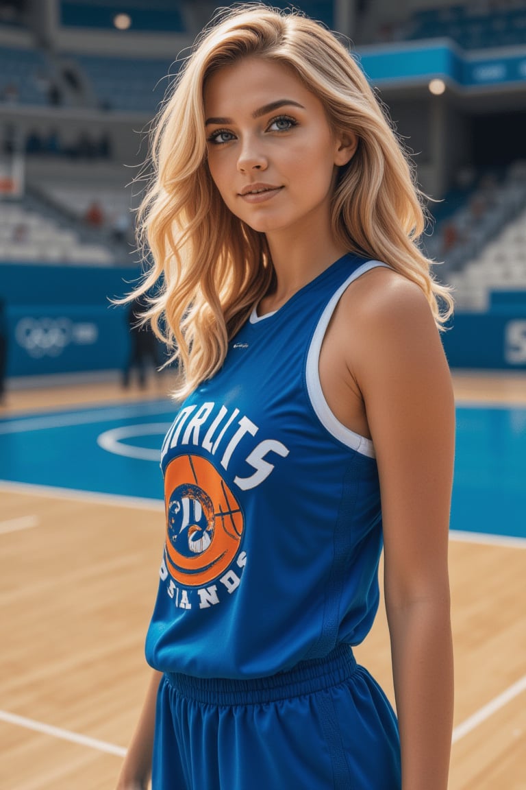 ((Generate hyper realistic full body portrait of  captivating scene featuring a stunning 20 years old girl,)) ((semi side view,)) with medium long blonde hair, flowing curls, little smile, donning a blue basketball  jersey, on a Olympic basketball court,  piercing, blue eyes, photography style , Extremely Realistic,  ,photo r3al,action shot