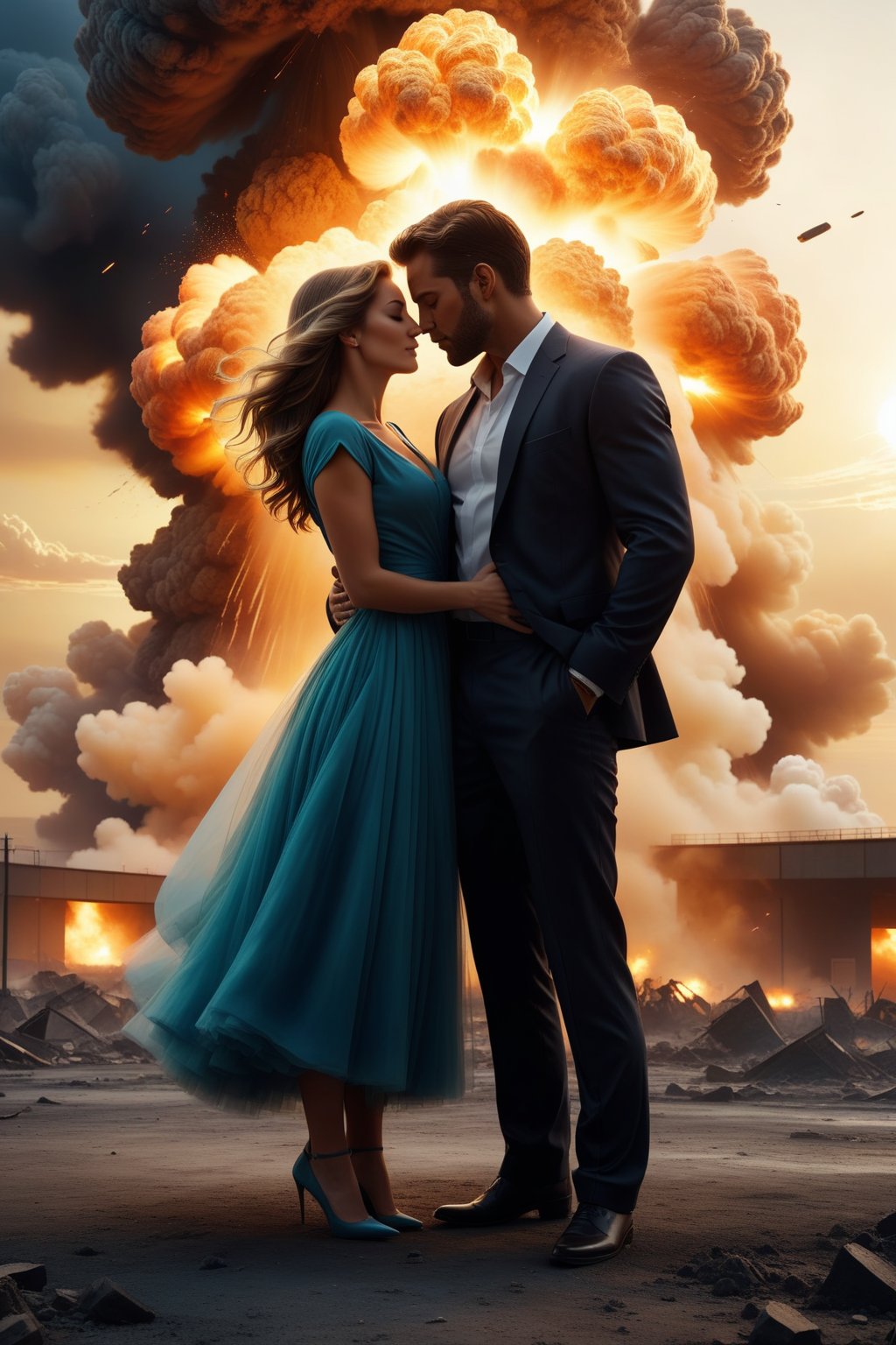 A couple embracing eachother dissolving into dust. BREAK, nuclear explosion in background, vibrant, photo realism, Masterpiece, (8k), (32k), UHD, highest-quality, intricate details, highly detailed, best artist, immaculate micro-details, sharp edges, detailed textures, full body shot, full body cinematic, atmospheric lighting, visually stunning, perfect composition, trending on artstation, ral-dissolve