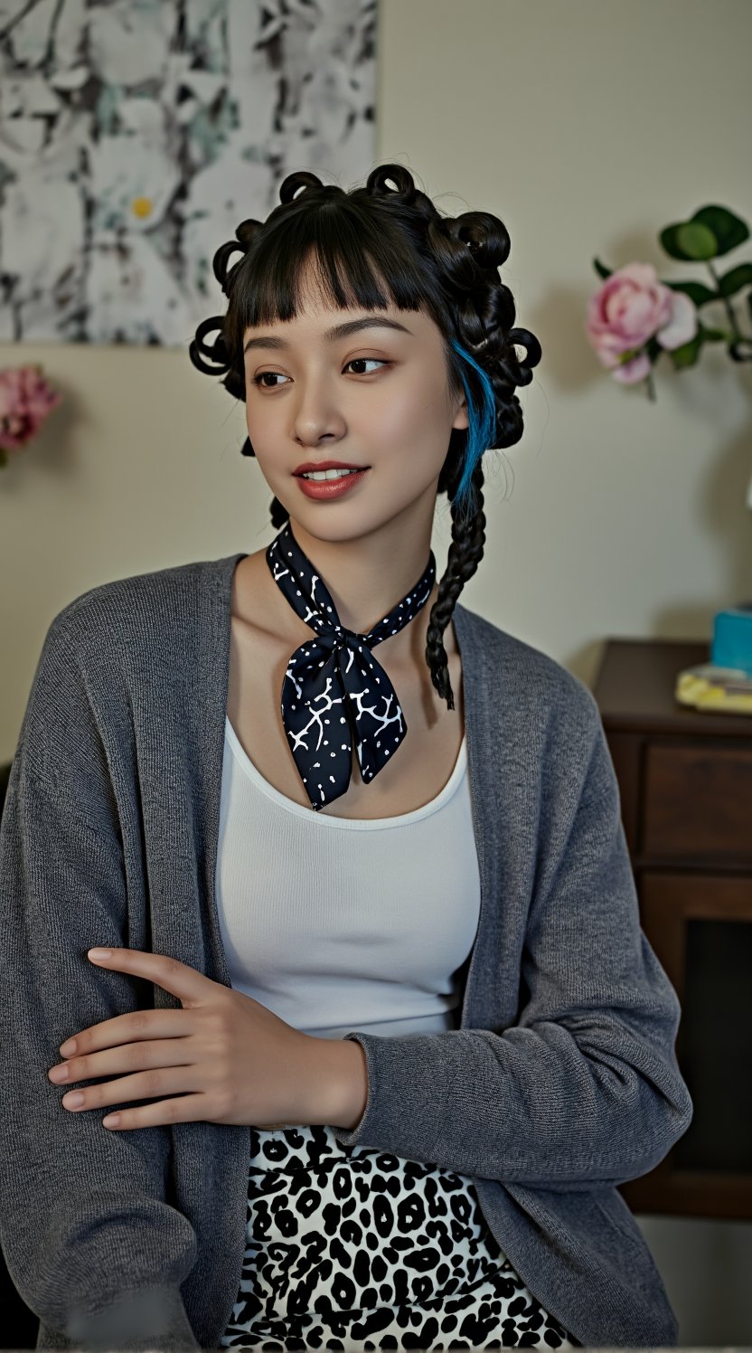 avant garde photography of a lanky young woman as a ((xenobiology researcher)) with ((victory rolls hair)) in a tie or bowtie,  lending a touch of formal elegance or quirky charm,  knotted around the collar to elevate the outfit,  dressed in grey cardigan,  white crop top,  animal print shorts,  blue hair,  indoor setting,  neutral colors,  blurred decor,  seated,  slightly leaning,  soft smile,  medium shot,  eye-level angle,  soft focus background,  at a dance party hosted by interdimensional beings on the rings of Saturn,  dramatic lighting,  extremely detailed,  (intricate skin detail:1.3),  (wrinkles:1.2),  (skin blemishes:1.1),  (skin pores:1.1),  (detailed face:1.3),  (lips slightly parted:1.0),  (wide angle view:1.4),  shot on Nikon D850 with Nikkor 50mm f-1.8,  photo by Lillian Bassman 