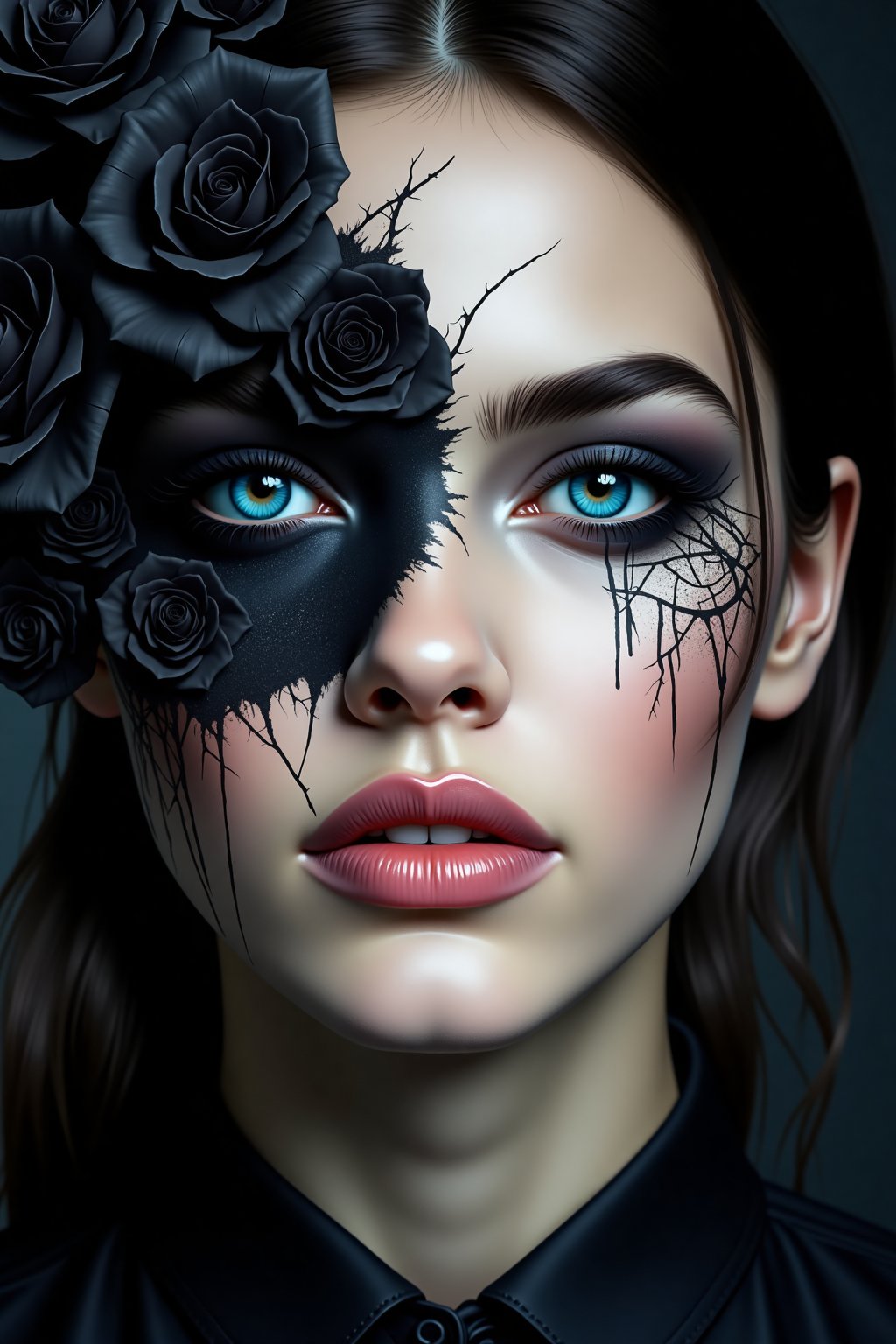 A stylized portrait of a woman with striking blue eyes. Her face is divided symmetrically: the left side features black roses and cracked patterns, merging into her makeup, while black paint drips artistically down the right side. Her expression is neutral, and she wears dark clothing, enhancing the dramatic contrast of the image.