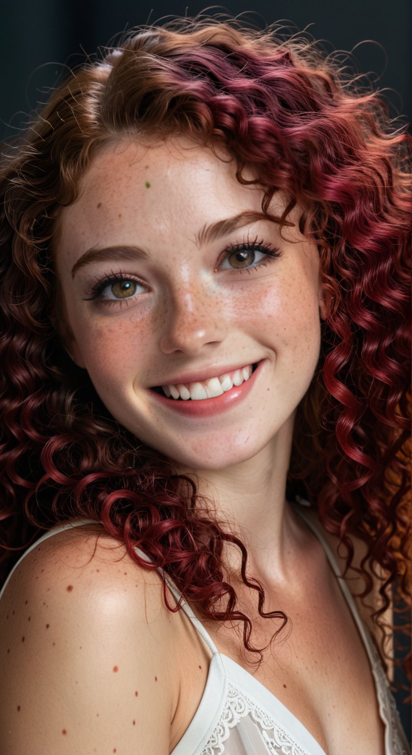 beautiful lady, (freckles), big smile, ruby eyes, long curly hair, dark makeup, hyperdetailed photography, soft light, head and shoulders portrait, cover