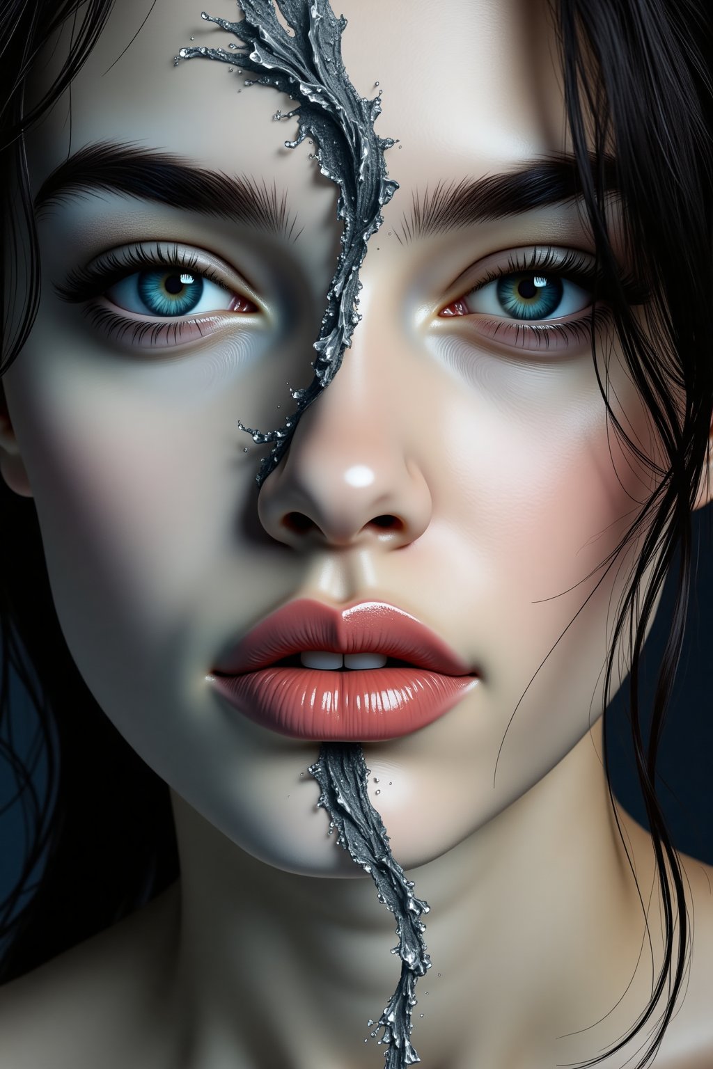 A striking artistic image depicting a woman's face, divided vertically. The left side is in black and white, while the right side is in color. A splash of water flows diagonally across her face, seamlessly transitioning between the monochromatic and colored sections, adding a dynamic and creative element to the composition. The woman has intense eyes and full lips, with her hair falling gently around her face.