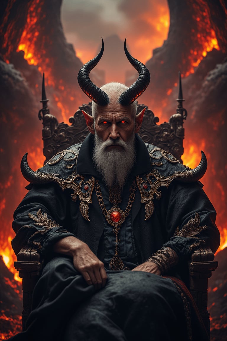 Russian old man dressed up like devil, battle scars all over his face, looking with a fierce look in his eyes, sitting in his throne, crossed legs and crossed hands between his shoulders, looking with intense and focused look, red glowing eyes, 3d enviroment, background with volcanic eruption and lava with dragons