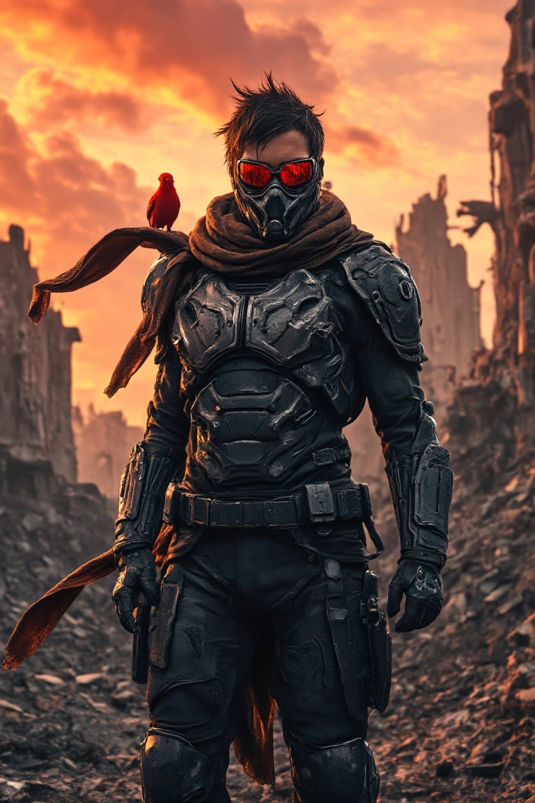 professional-quality high-contrast photo of a post-apocalyptic warrior standing amidst the ruins of a devastated city. The warrior is clad in a futuristic, battle-worn suit with intricate details, including reinforced armor plates, utility belts, and a flowing scarf that billows in the wind. His face is obscured by a menacing, high-tech mask with large, dark lenses that reflect the chaotic scene around him. His spiky hair juts out from under the mask, adding to his fierce appearance.
A striking feature of the photo is the small red bird perched on his gloved hand, its vivid color contrasting sharply with the otherwise bleak and desaturated colors. The background is filled with crumbling buildings and debris, with a fiery orange-red sky casting an ominous glow over the scene. The entire composition exudes a sense of resilience and defiance, as the warrior stands tall and unyielding in the face of a harsh, unforgiving world.
The high quality should capture the stark contrast between the gritty, decayed environment and the warrior's imposing, almost heroic presence, with a dynamic use of textures and shadows to emphasize the tension and drama of the scene