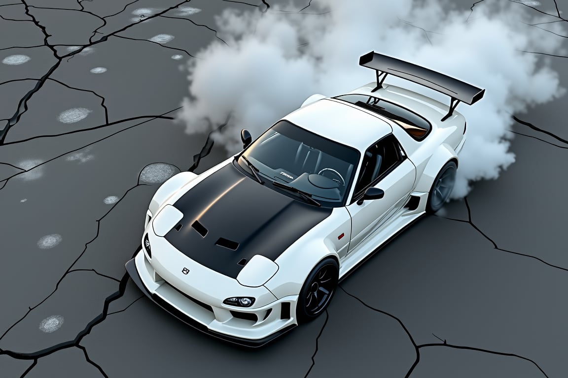 Top view shot, shot from above, shot way from the top
white mazda rx-7 fd 3s 1993 model, black car hood,white wide body kit car, 
drifting , burnout marks, car doing burnout donuts, a little bit of smoke around the car, old cracked concrete , fog around car,