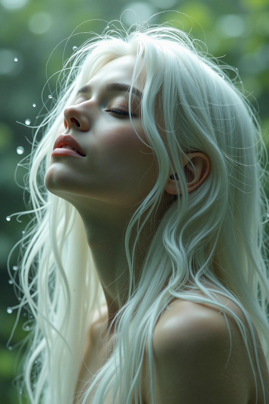 A woman with long, flowing white hair, her eyes closed in a moment of peace, is double-exposed with a secret garden in the rain. The garden is lush with greenery, and delicate raindrops create a soft, shimmering effect. The monochromatic tones and soft gradients give the image a serene and almost magical quality, with the raindrops subtly blending into the woman's hair