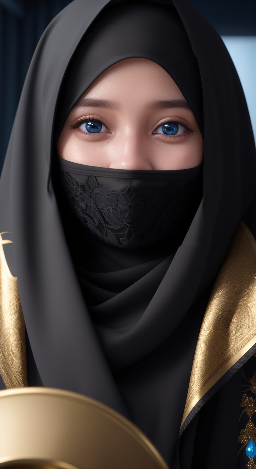 Portrait of a smiling young woman wearing a black hijab covering her nose and mouth exposing only her beautiful blue eyes, intricate detail, 4K, golden ration, octane render.