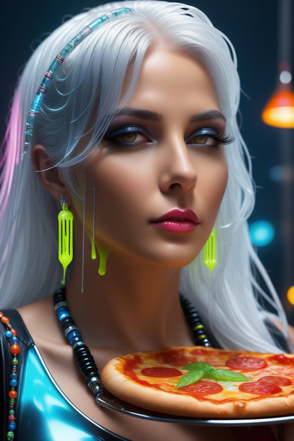 Hyperrealistic, close-up portrait of a radiant gray-haired cyberpunk girl, clad in futuristic attire and emblazoned with neon accents, holding a beaded iced glass of beer that drips onto a sizzling summer asscrain, surrounded by a whirlwind of detailed, suspended pizza slices, creating a dynamic and complex visual narrative.