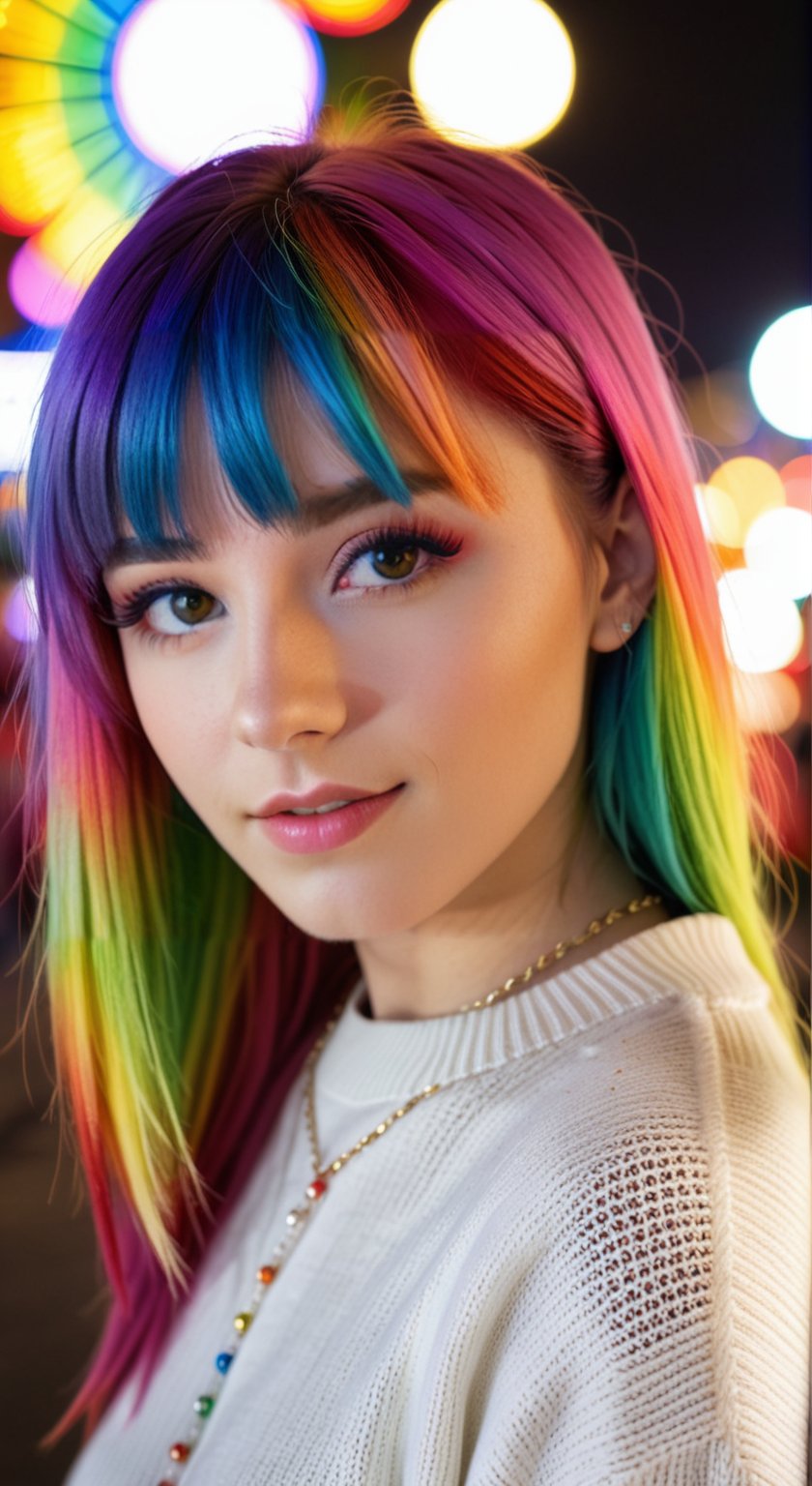 zPDXL2, zPDXLpg, zPDXLrl, beautiful girl with vivid (rainbow dye, colored hair:1.3), long hair, bangs, at a carnival at night, wearing a white sweater, realistic photograph, professional photographer, depth of field, bokeh