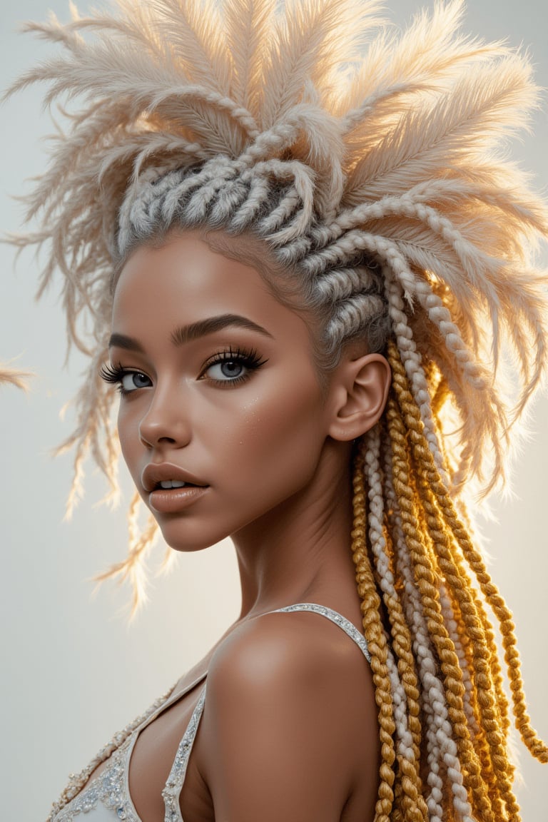 (((masterpiece))) , (((best quality))) , anime style, 2d, a stunning woman with dreadlocks adorned in shimmering gold braids stands in front of a white canvas. Her head is made of delicate silver feathers, and her eyes sparkle like diamonds as she gazes back at the viewer. key visual