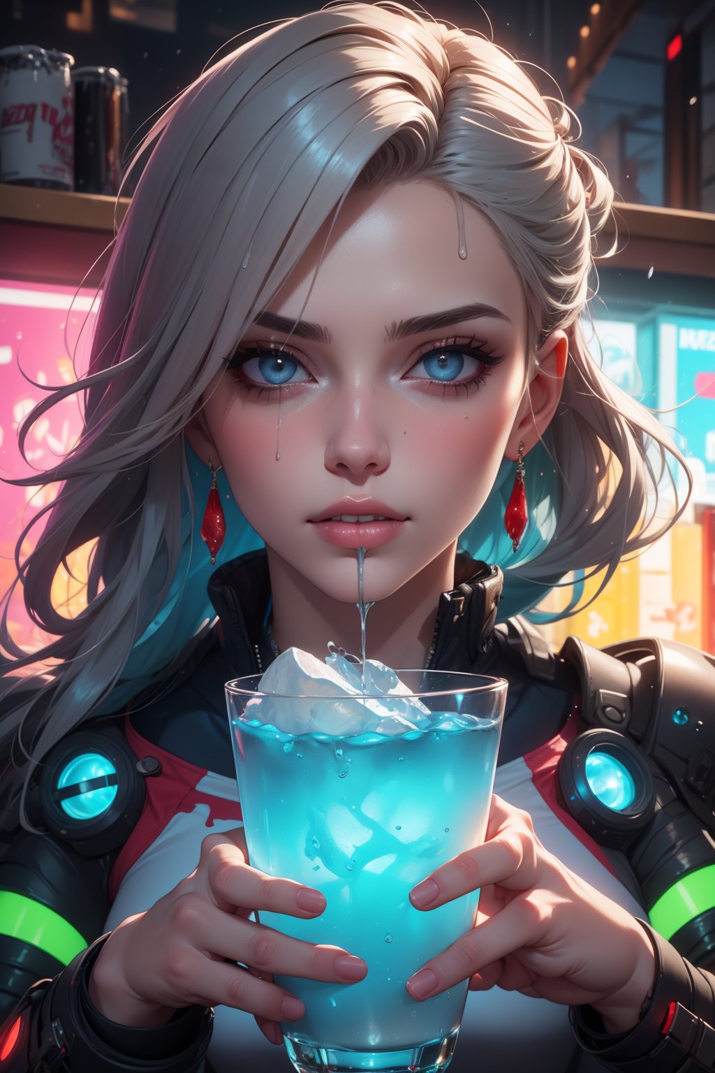 Hyperrealistic, close-up portrait of a radiant gray-haired cyberpunk girl, clad in futuristic attire and emblazoned with neon accents, holding a beaded iced glass of beer that drips onto a sizzling summer asscrain, surrounded by a whirlwind of detailed, suspended pizza slices, creating a dynamic and complex visual narrative.