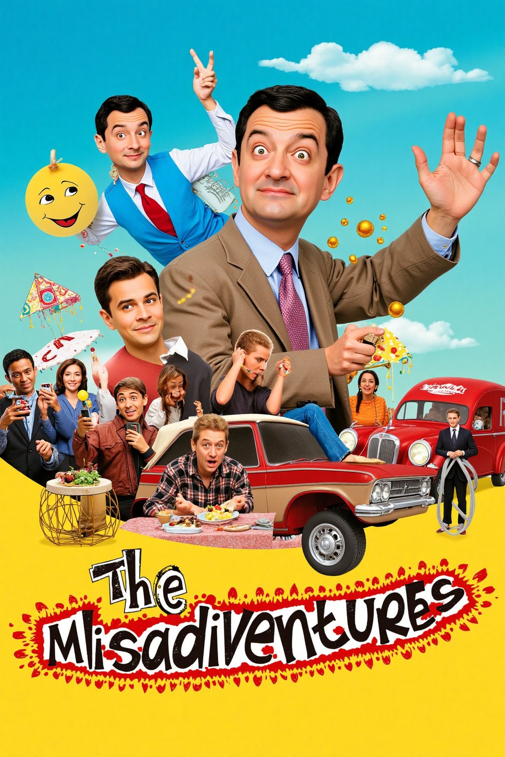 m0v1eP0st3r,  Generate a movie poster for a comedy titled 'The Misadventures of Mr. Bean.' The poster should feature Mr. B...