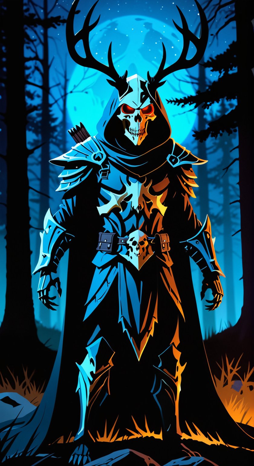 score_9, score_8_up, score_7_up, source_film, (hooded figure, wendigo, skull, antlers), bone armor, shoulder armor, outdoors, night, night sky, dark background, dark forest, w00f, simple background, animal focus, skull, ((glowing eyes)), open mouth, sharp teeth, concept art, digital art, realistic, dark, fluorescent