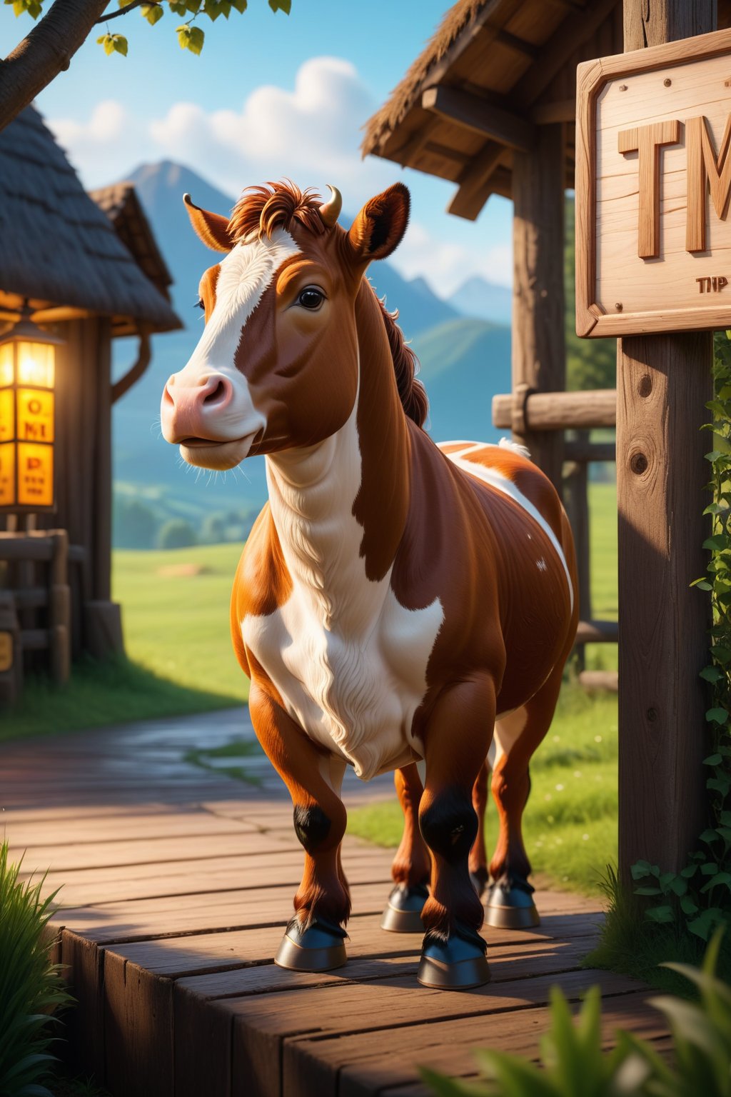 Cow standing next to wooden sign with the text 'Tip Me' on it. vibrant, Masterpiece, (8k), (32k), highest-quality, intricate details, highly detailed, best artist, micro-details, micro-details within the micro-details, sharp edges, detailed textures, full body shot, full body cinematic, atmospheric lighting, visually stunning, perfect composition, trending on artstation