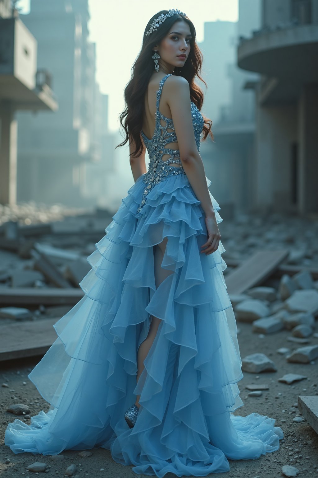 Amaz1ng_Wallpap3r,A cinematic photo of a stunning model dressed in light blue with open shoes, luxury dress, in the style of multi-layered textures, ornamental details, gothic core, highly detailed, photorealism, attractive and gorgeous beauty, while standing dominantly and confidently in a desolate place. , dark post-apocalyptic cityscape, capturing the stark juxtaposition of beauty and decay, with the model's perfect skin shining like a beacon of hope amidst the devastated cityscape. Photographed with a focused depth of field to blur the gloomy surroundings, emphasizing her striking, rebellious pose. full body, golden hour.