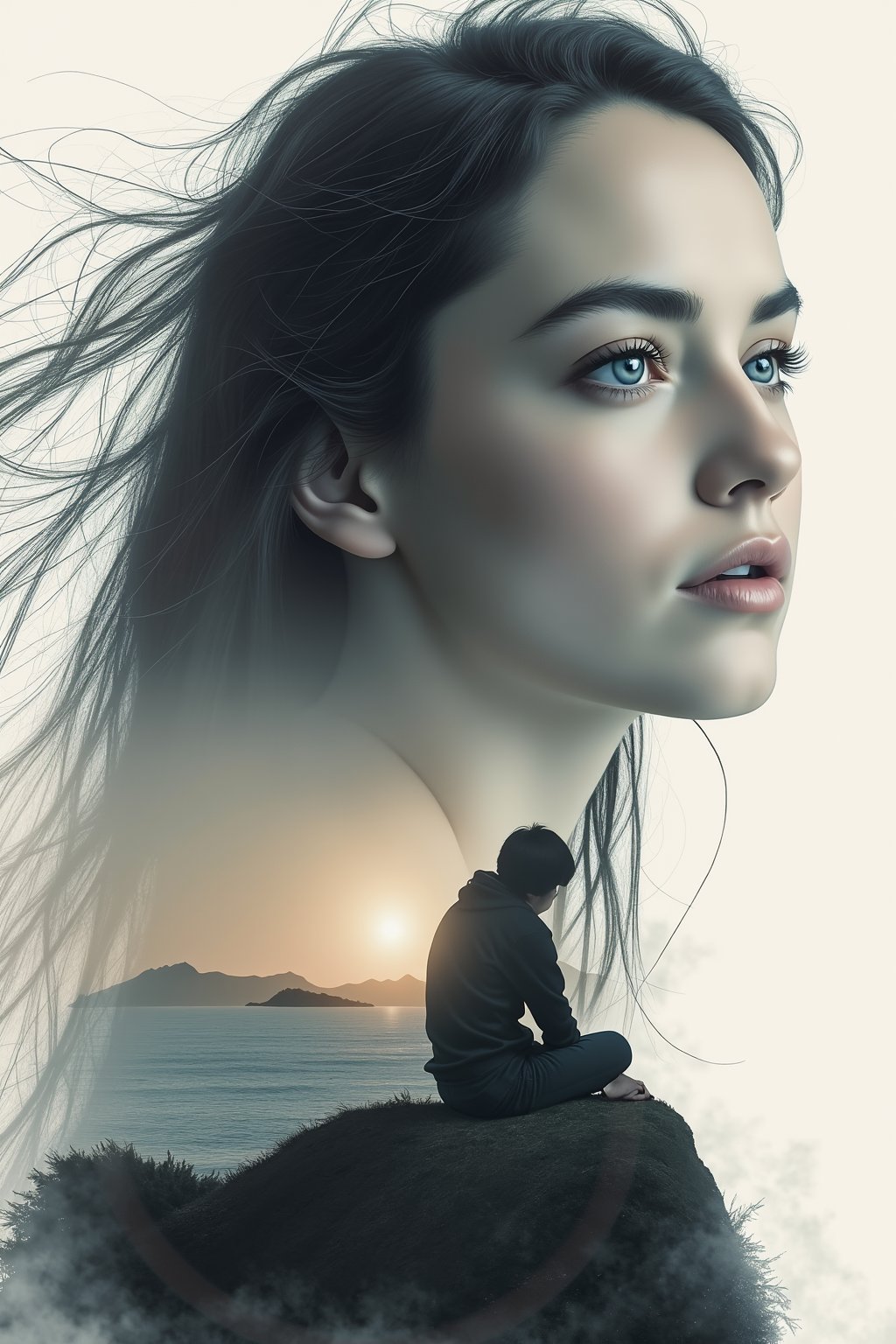 A detailed double-exposure style artwork of a melancholic woman with flowing dark hair, her gaze distant and intense. Her portrait is seamlessly blended with a secondary scene of a solitary figure sitting on a hill, gazing out at a calm ocean with mountains in the distance. The image has a smooth, monochromatic tone with soft gradients, evoking a sense of nostalgia and reflection. The overlay effect creates a dreamlike composition, with the silhouette of the seated figure dissolving into a cloud of mist or abstract particles merging into the woman's hair. Soft lighting, ethereal, surreal atmosphere, minimalistic yet expressive.