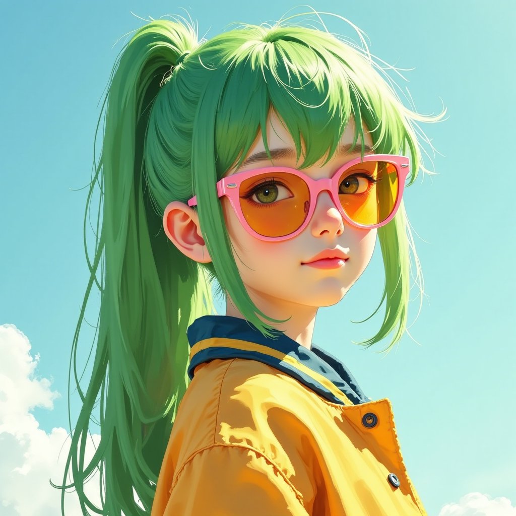 score_9, score_8_up, score_7_up, score_6_up, 18 years old, straight hair, ponytail, big smile, flirty grin, neon green hair, young face, pastel thick rimmed sunglasses, oversized varsity jacket, portrait, glossy lips, turning to face viewer, head tilt, 1 girl, perky, looking at viewer, adorable, petite body, side view, looking at viewer, round face, 18 years old, cutest girl in the world, in the style of BSstyle004