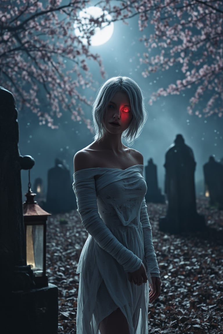 Photorealistic photography of an Ethereal bandaged figure with glowing eye A delicate female figure with silver hair, wrapped in bloody white bandages, with a glowing red eye, standing in a stark, minimalistic environment.The character tilts her head slightly to the side, with a curious expression.A peaceful cemetery with old, weathered gravestones, surrounded by mist and softly glowing lanterns.A tranquil grove filled with blooming cherry blossom trees, with petals gently falling to the ground.A dark, starry night with a full moon casting a gentle, silver glow over the scene.