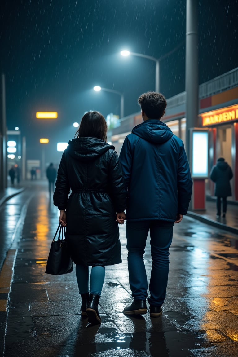 European, two young people, masterpiece, best quality, the young man and the girl are very in love with each other, they are both 28 years old. Under the rain, the girl is wearing a black raincoat and jeans underneath, and the man is wearing a blue coat and jeans, the man is on the intercity street at night ( (at the bus terminal)) extremely sad and emotional scene where she is about to break up with her lover, her hands are about to be separated from each other, shot from outside, woman about to be alone, rain, ((terminal crowd)), drenched, professional professionalism, distorted, both , facing the viewer, seen to the viewer, live 8k, ultra realistic, night, upper body, photo r3al, shooting star, photo r3al