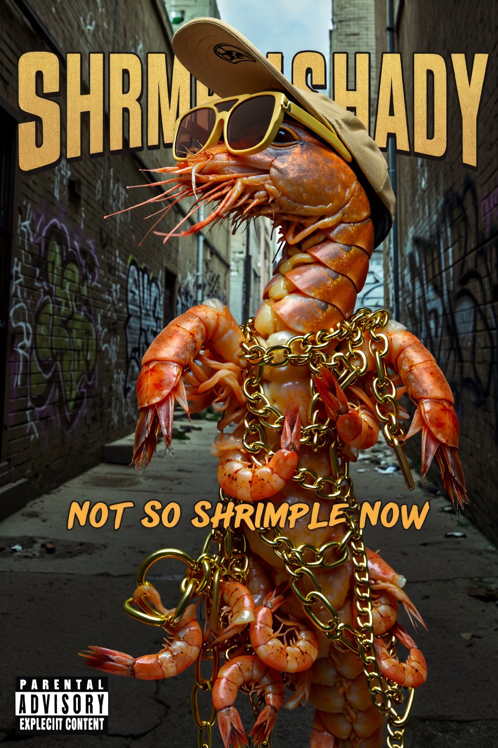 a rap album cover featuring a shrimp dressed as a rapper. The shrimp is wearing oversized gold chains, sunglasses, and a baseball cap tilted to the side, but it’s still obviously a shrimp. Background is a gritty, urban alleyway with graffiti-covered walls. The artist's name 'Shrimp Shady' is at the top in bold, edgy font, and the album title 'Not So Shrimple Now' is featured prominently below. Include the 'Parental Advisory: Explicit Content' logo in the bottom left corner to give it a gangsta vibe