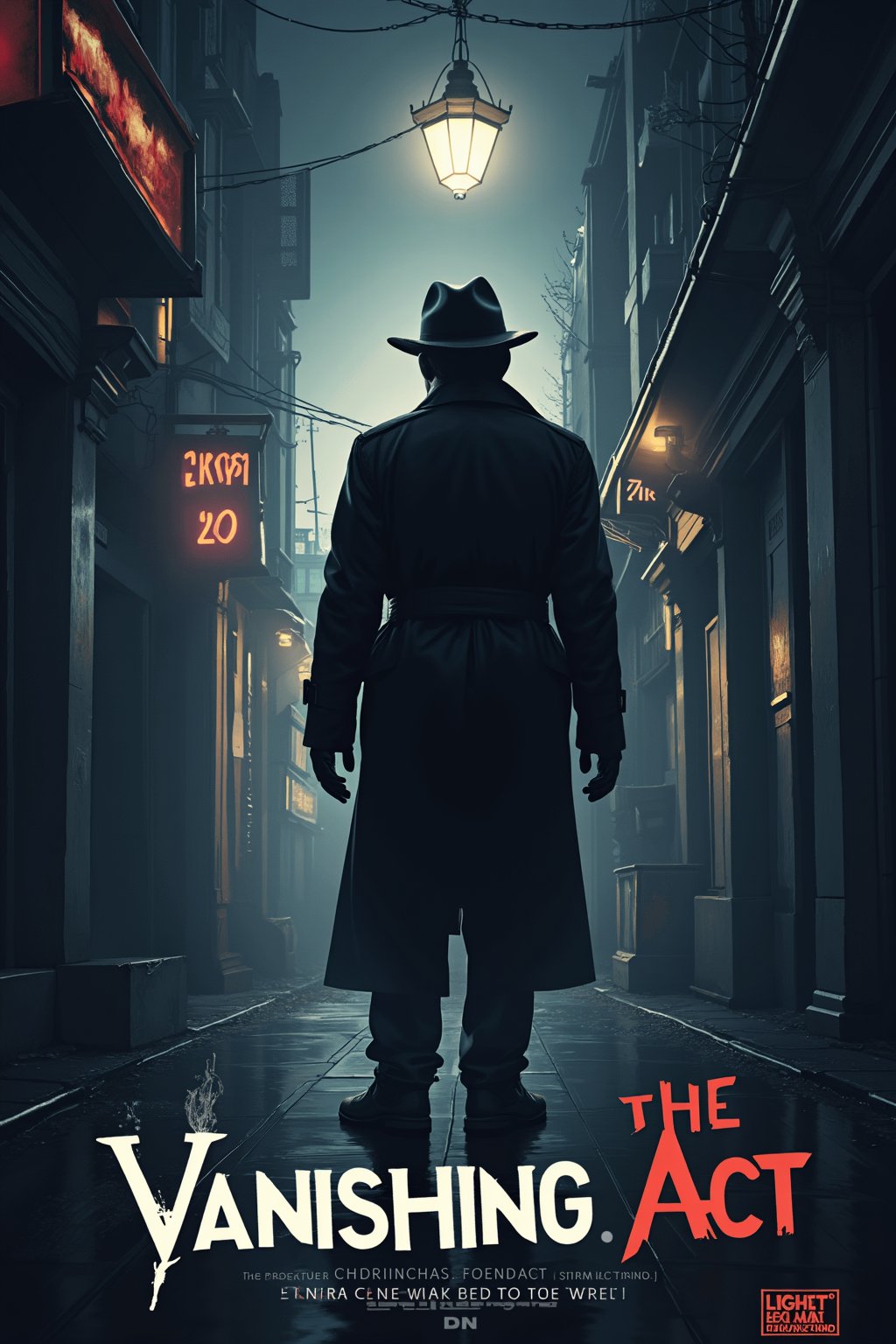 Generate a movie poster for a mystery film called 'The Vanishing Act.' The poster should show a detective in a trench coat, standing in a dimly lit alleyway. In the background, a series of clues and symbols are visible, hinting at a deeper mystery. The tagline reads, 'Every Clue Leads to the Truth.' Use a noir-style color palette with strong contrasts and shadows