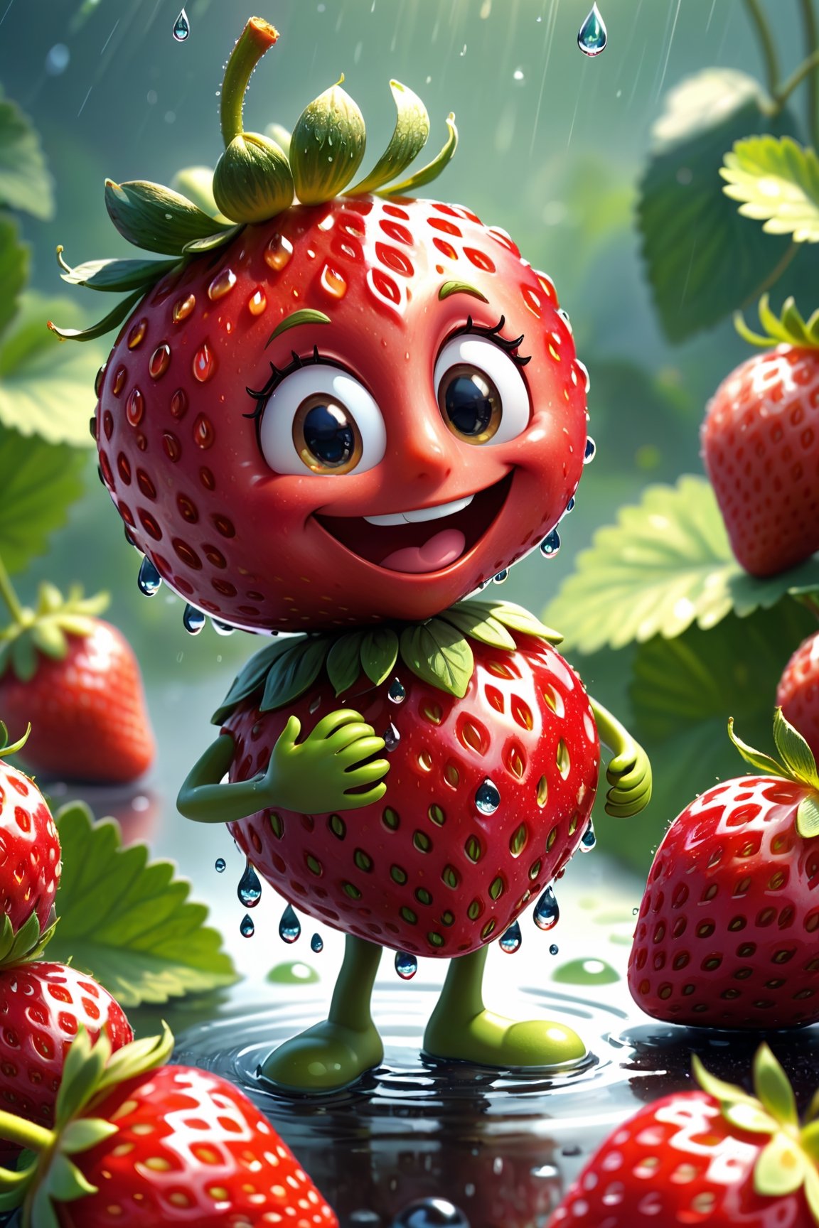 ((masterpiece:1.3,concept art,best quality)),very cute appealing anthropomorphic strawberry,looking at the viewer,big grin,happy,fruit,berry,droplets,macro,sunlight,fantasy art,dynamic composition,dramatic lighting,epic realistic,award winning illustration
