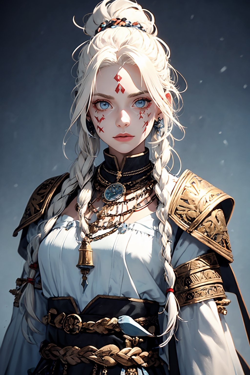  beautiful female Nordic ShieldMaiden with blond hair,light blue eyes, dreadlocks, shaman necklaces, with red face paint, (high detailed skin: 1.2), 8K, UHD, DSLR, soft lighting, high quality, film, full body, grain,FUJI,centerfold,NoirStyle,Hori,midjourney,Lucy,Film(/FUJI/)