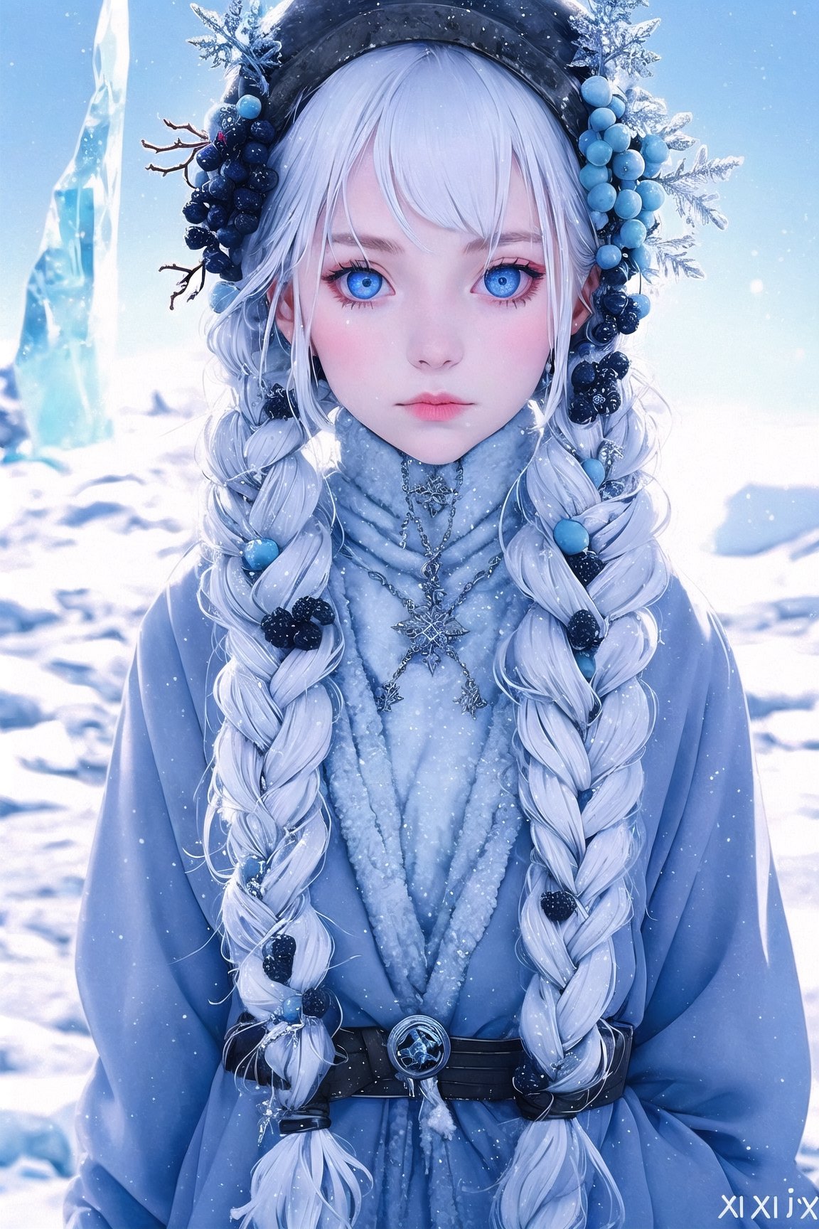 Arctic explorer woman, frostbitten skin, icicle-white braided hair. Eyes, glacial blue depths, witnessing polar mysteries. Lips, chilled berry, narrating tales of the cold. xxmix_girl, detailed eyes,FUJI