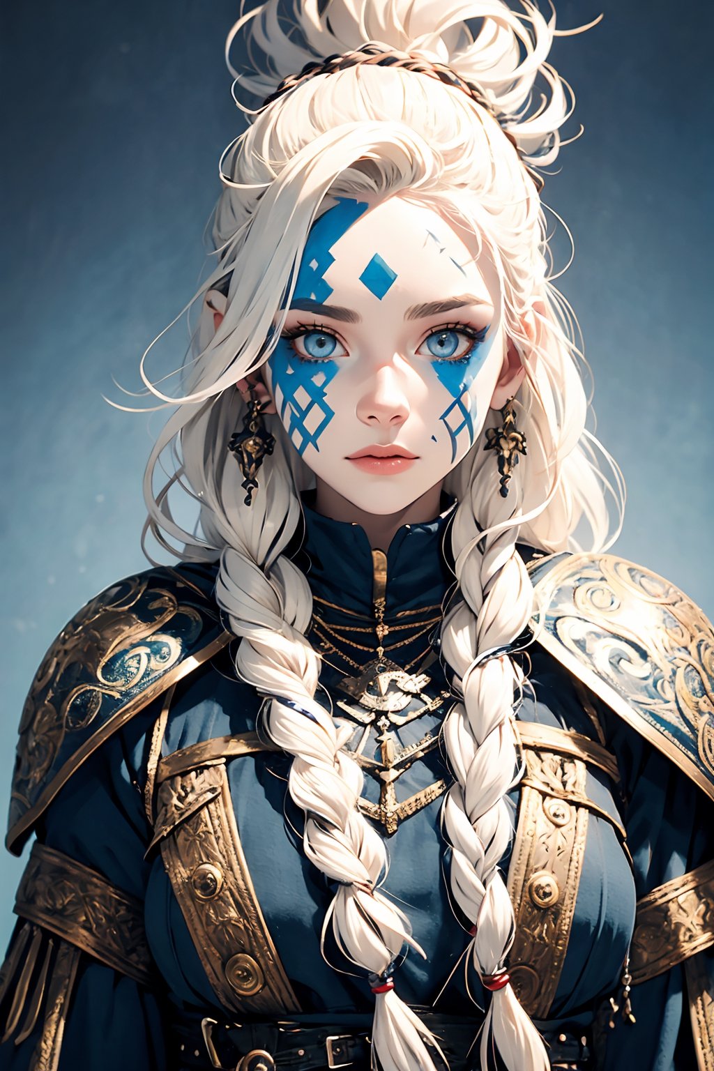  beautiful female Nordic ShieldMaiden with blond hair,light blue eyes, dreadlocks, shaman necklaces, with red face paint, (high detailed skin: 1.2), 8K, UHD, DSLR, soft lighting, high quality, film, full body, grain,FUJI,centerfold,NoirStyle,Hori,midjourney,Lucy,Film(/FUJI/)