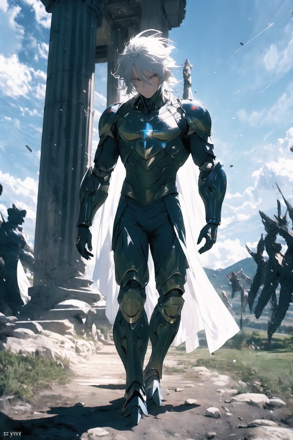 absurdres, highres, ultra detailed,Insane detail in face, ((boy:1.3)), white Saint, Saint Seiya Style, Gold Armor, Full body armor, no helmet, Zodiac Knights, Grey hair, fighting pose,Pokemon Gotcha Style, white gloves, long hair, white long cape, messy_hair, red eyes, grey pants under armor, full body armor, beautiful old greek temple in the background, beautiful fields, insane detail full leg armor, god aura, sagittarius armor, Elysium fields, ready for battle,FUJI,midjourney, insane detail in armor, ,Film(/FUJI/),frieza