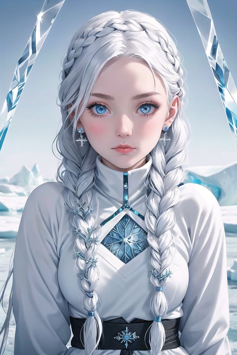 Arctic explorer woman, frostbitten skin, icicle-white braided hair. Eyes, glacial blue depths, witnessing polar mysteries. Lips, chilled berry, narrating tales of the cold. xxmix_girl, detailed eyes