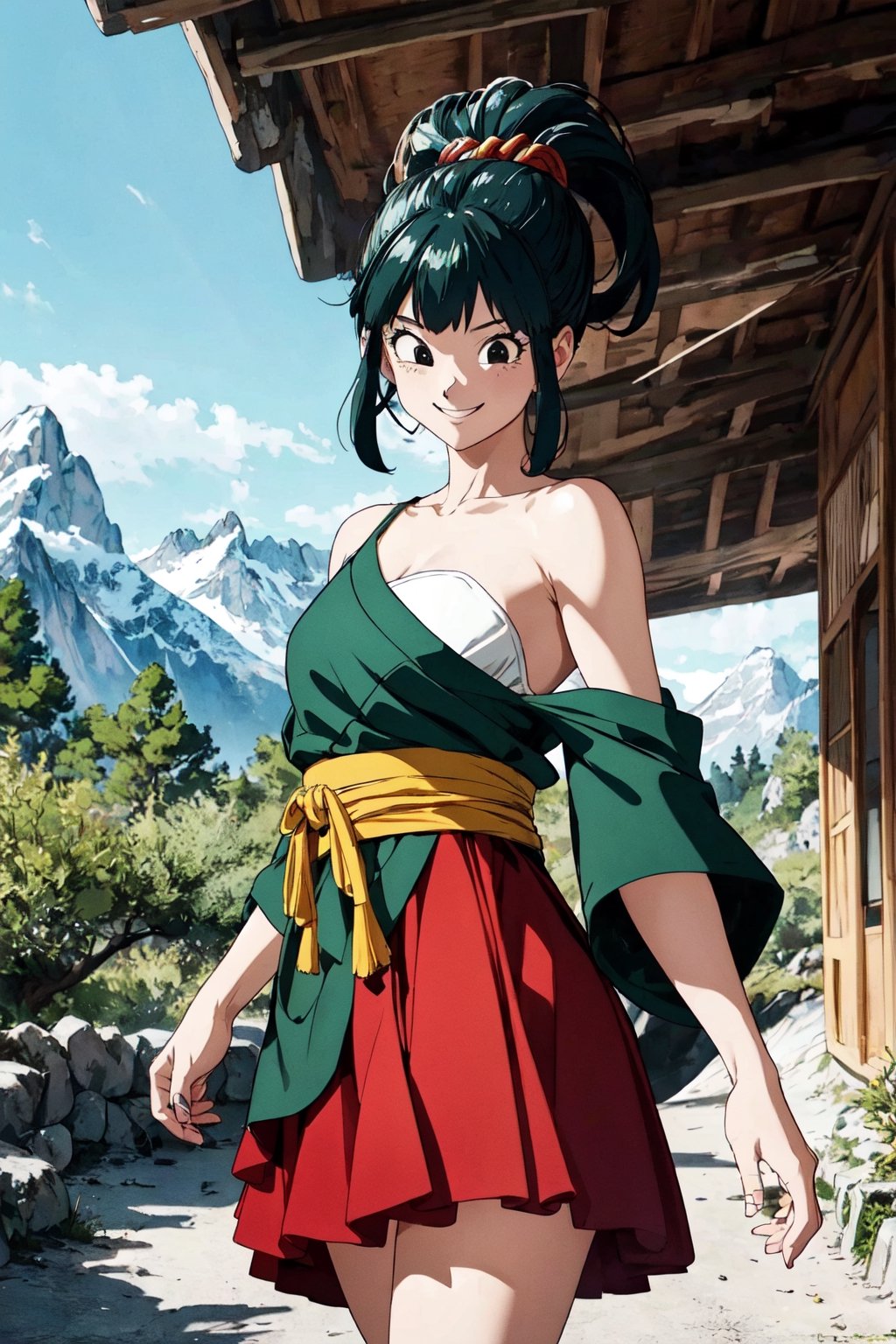 ((masterpiece,best quality)), absurdres,, Yurin_DB,  green kimono, red skirt, sarashi, single bare shoulder, Detailed face, smiling, looking at viewer, mountain in background, cinematic composition, dynamic pose,