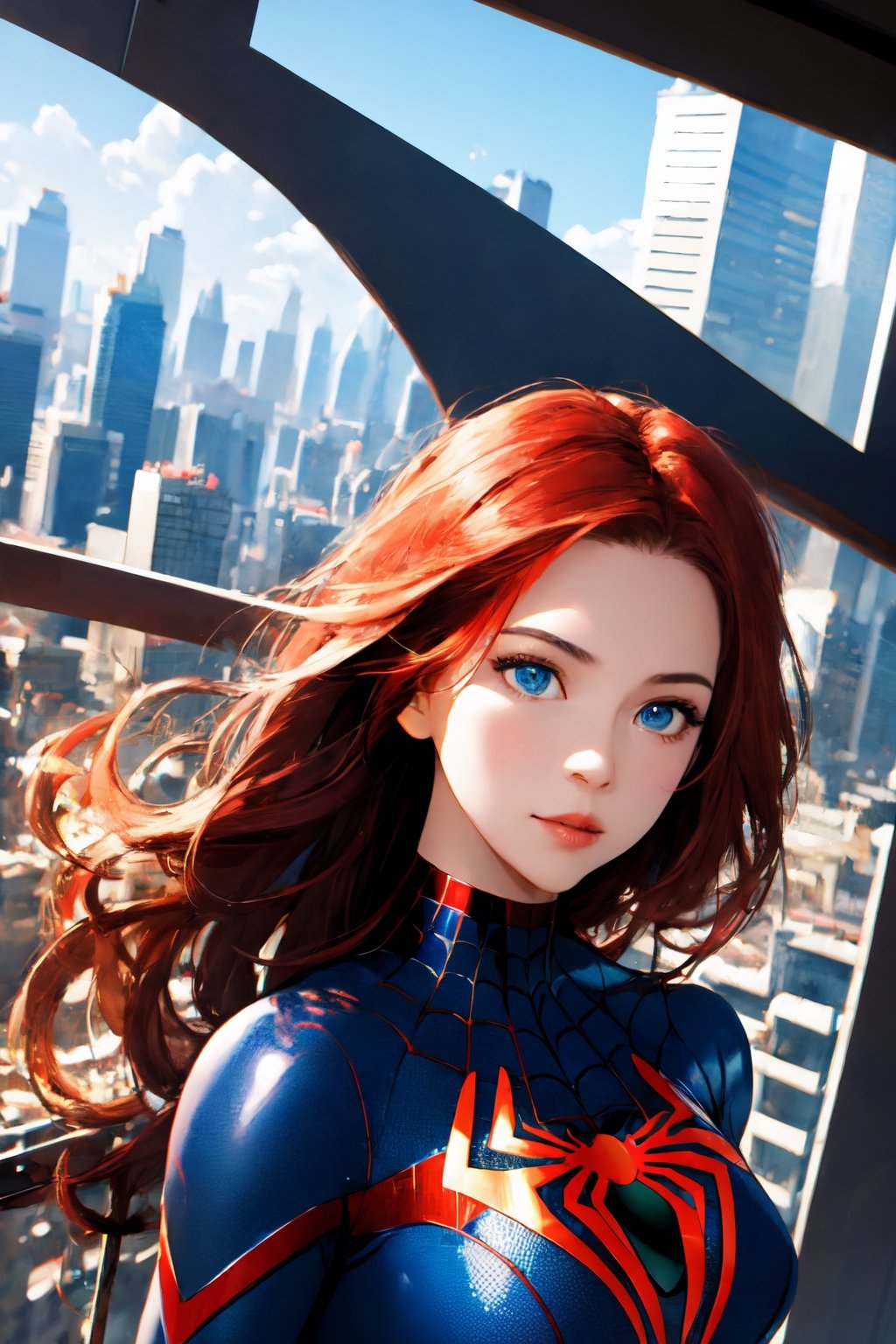  1girl,  beautiful face detail, Extreme long hair, red hair, bright blue eyes,  falling down from sky,  cityscape,  spider_girl, black spider-man costume