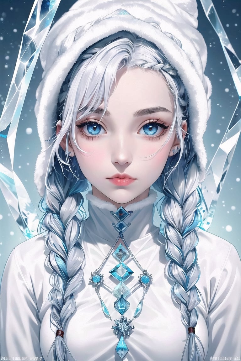 Arctic explorer woman, frostbitten skin, icicle-white braided hair. Eyes, glacial blue depths, witnessing polar mysteries. Lips, chilled berry, narrating tales of the cold. xxmix_girl, detailed eyes