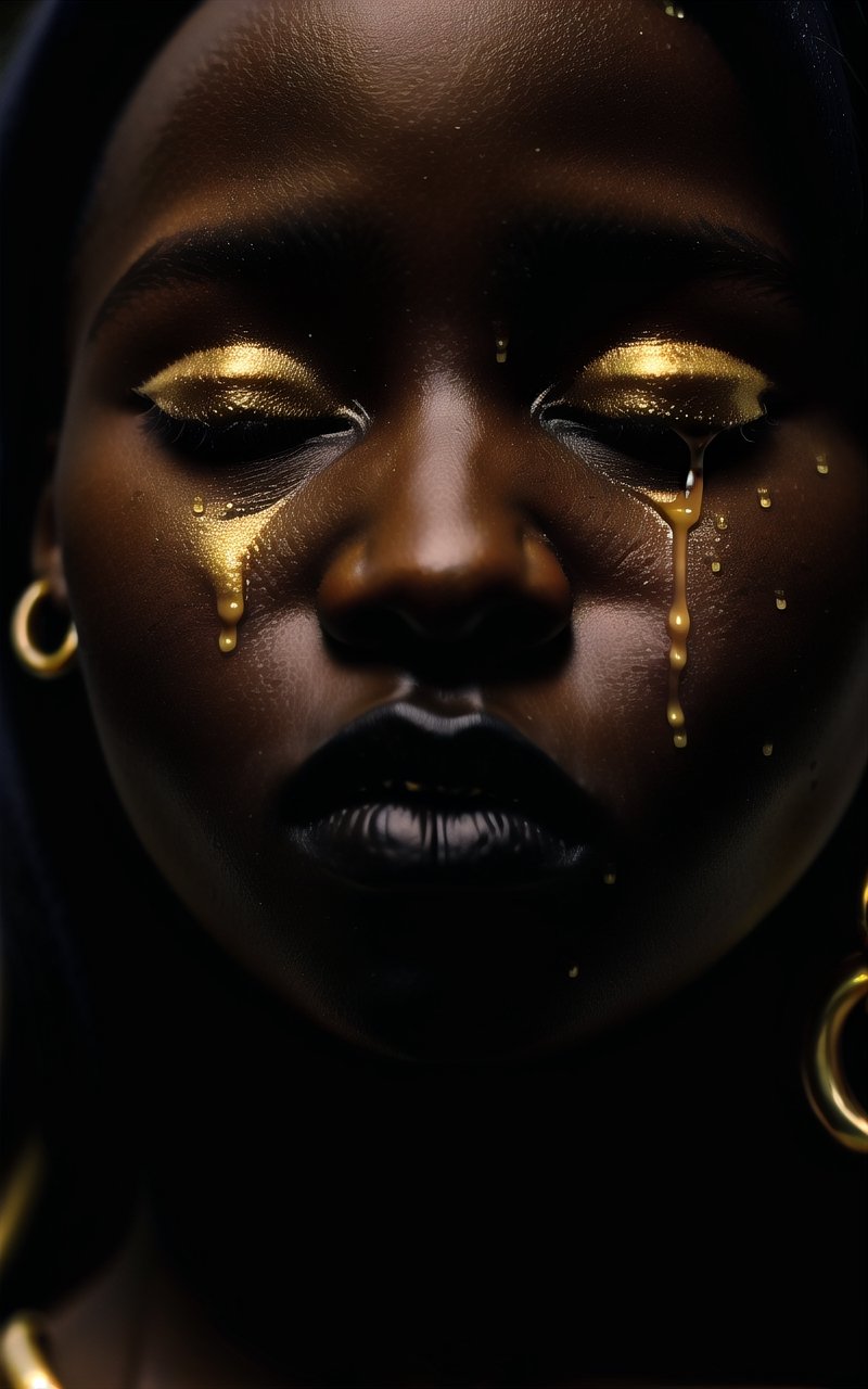 Up close macro photography of a deeply melanated South Sudanese woman with high cheekbones, a small nose, closed eyes, closed mouth, facing camera, face full of dripping liquid gold, vivid 32k realistic, XXMix_9realisticSDXL,bul4n