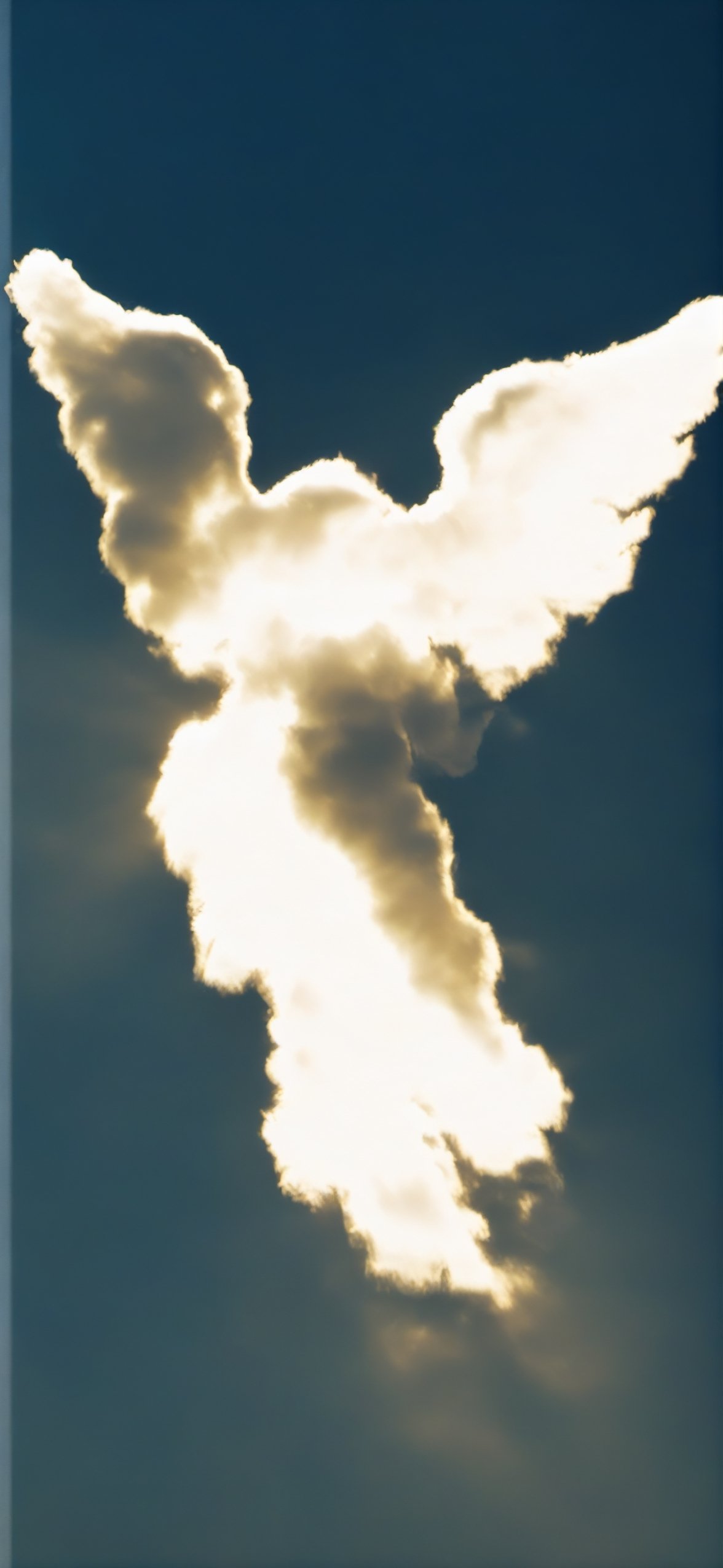 a cloud that could be mistaken for an abstract backlit (with light rays) Arc Angel decending from Heaven on a beam of Golden Light