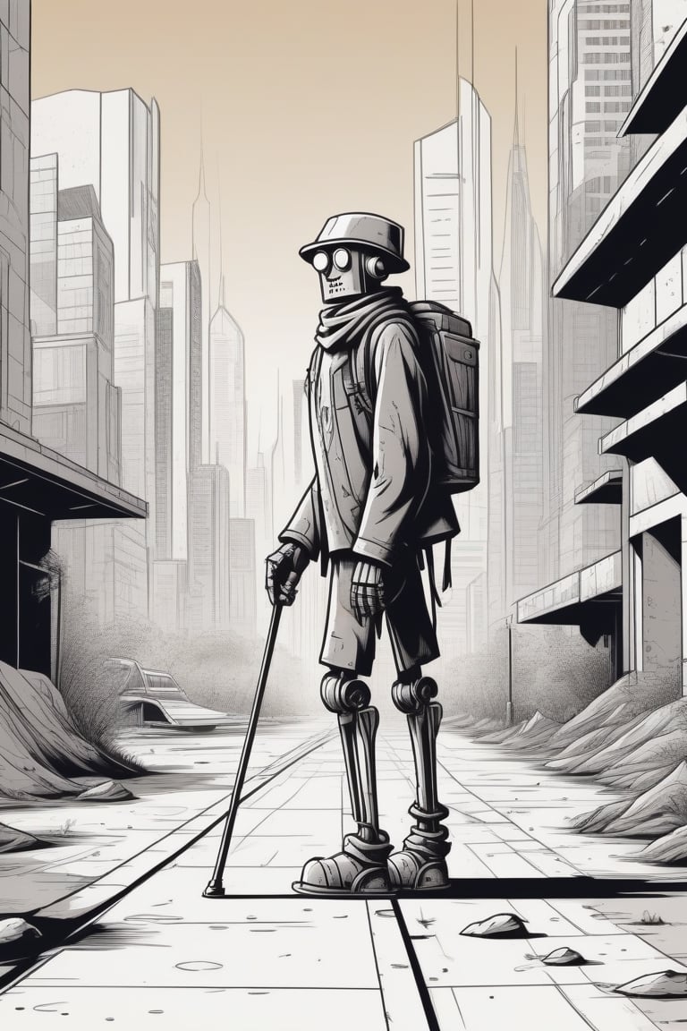 minimal illustration,ink lines, a homeless hobo-robot on armpit crutches, in a futuristic city landscape, hard boiled, loneliness, retro comic book